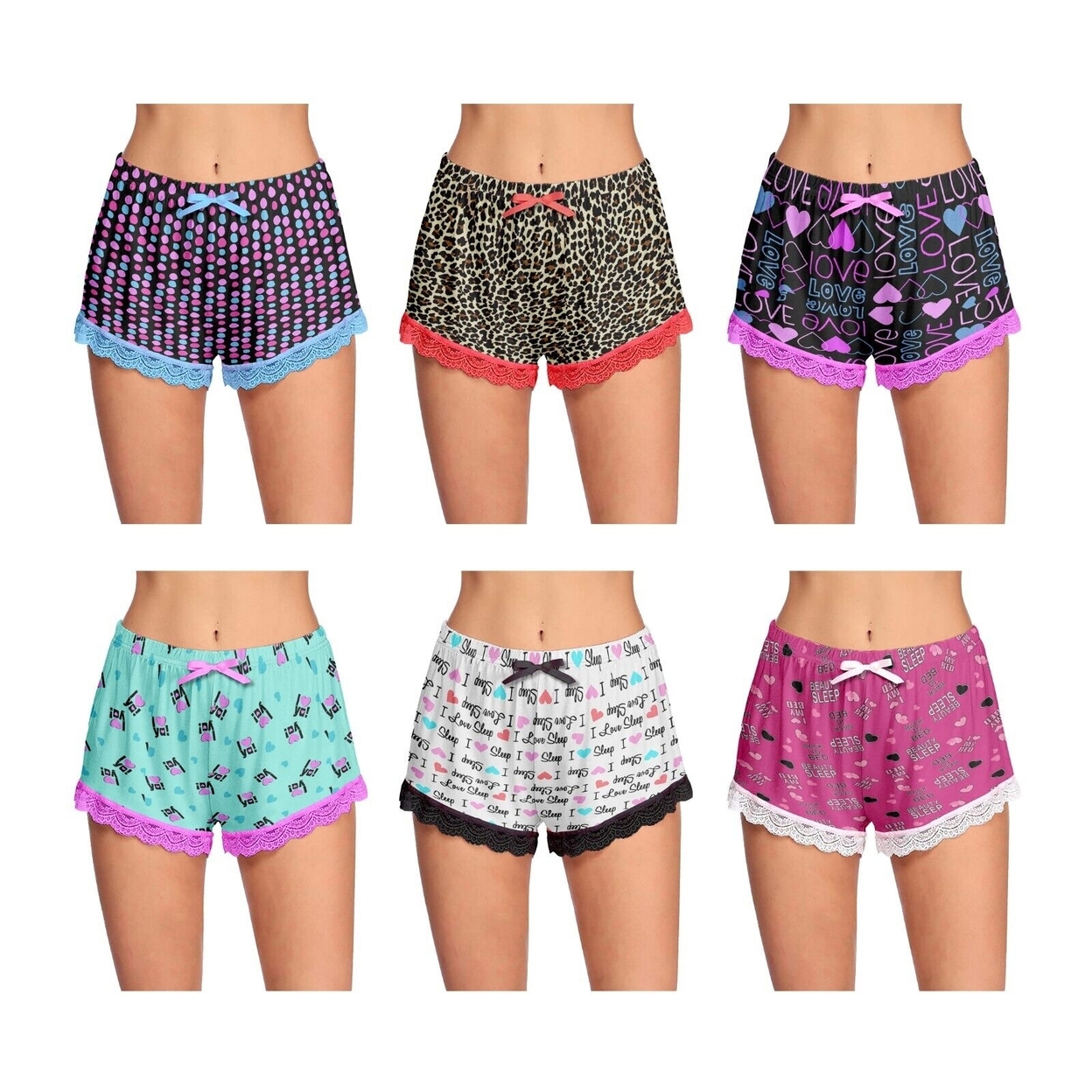 2-Pack: Women's Ultra-Soft Cozy Fun Printed Lace Trim Pajama Lounge Shorts - Small, Shapes