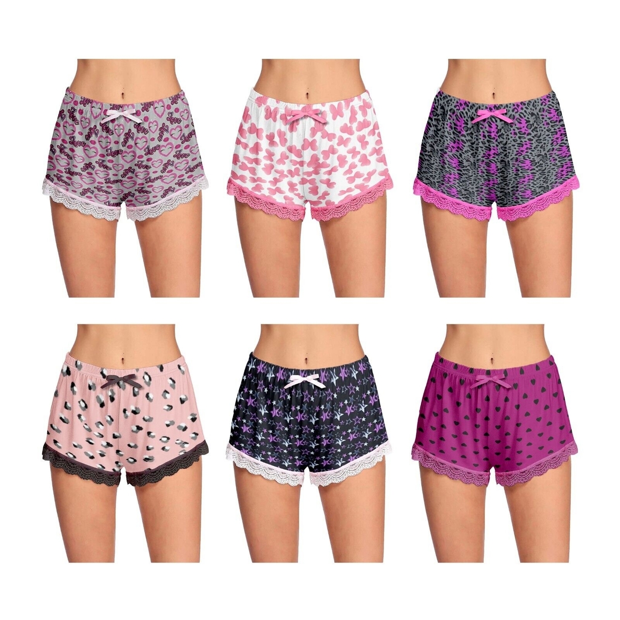 3-Pack: Women's Ultra-Soft Cozy Fun Printed Lace Trim Pajama Lounge Shorts - Large, Shapes
