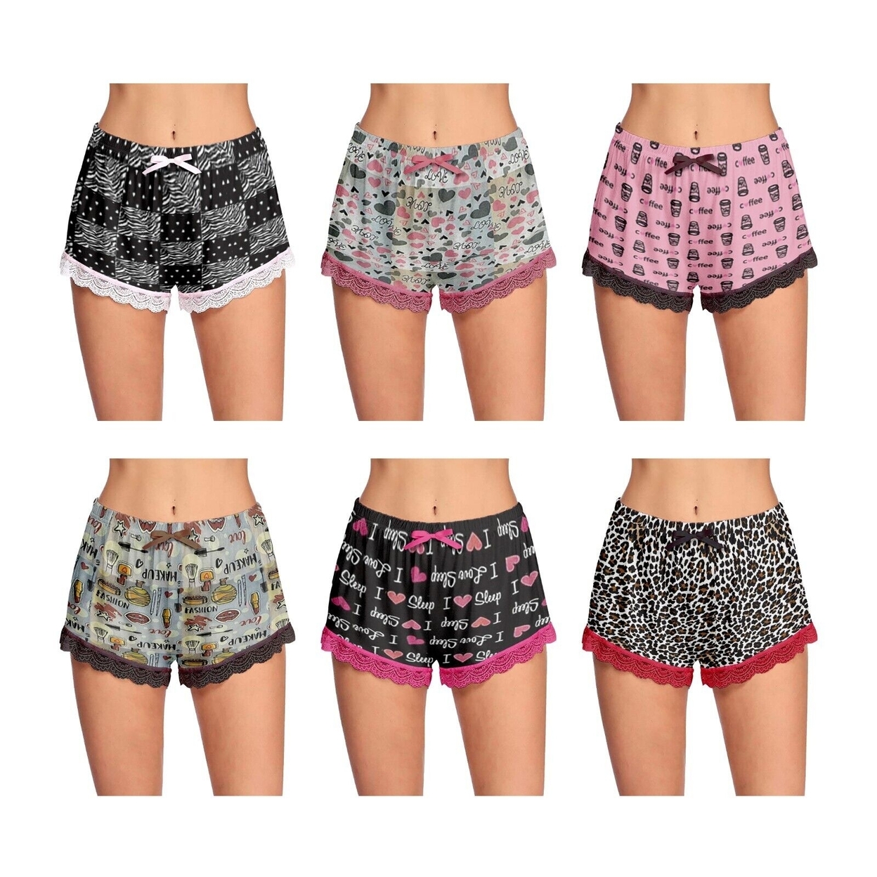 5-Pack: Women's Ultra-Soft Cozy Fun Printed Lace Trim Pajama Lounge Shorts - Large, Love