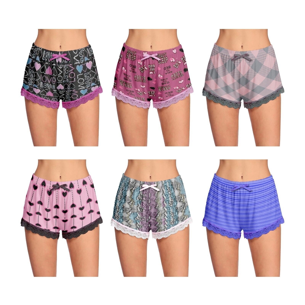4-Pack: Women's Ultra-Soft Cozy Fun Printed Lace Trim Pajama Lounge Shorts - Medium, Shapes