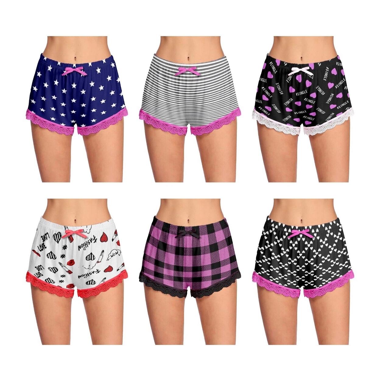 6-Pack: Women's Ultra-Soft Cozy Fun Printed Lace Trim Pajama Lounge Shorts - Small, Love