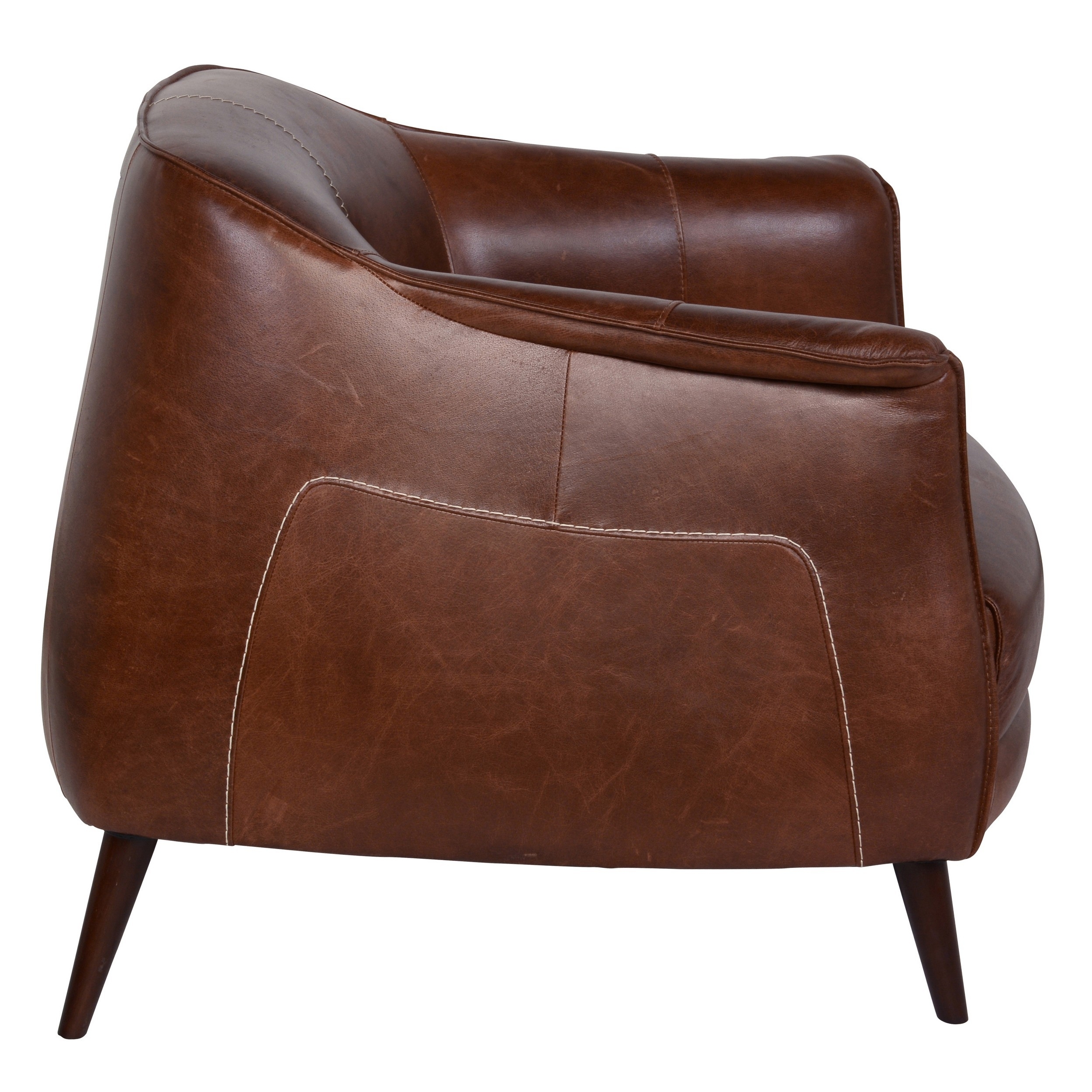 32 Inch Leather Club Accent Chair, Curved Backrest, Round Wood Legs, Brown- Saltoro Sherpi