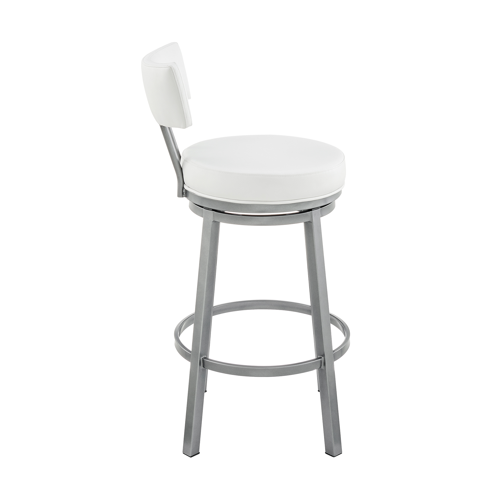 Eleanor 30 Inch Swivel Bar Stool Chair, Gray, Round White Faux Leather Seat- Saltoro Sherpi