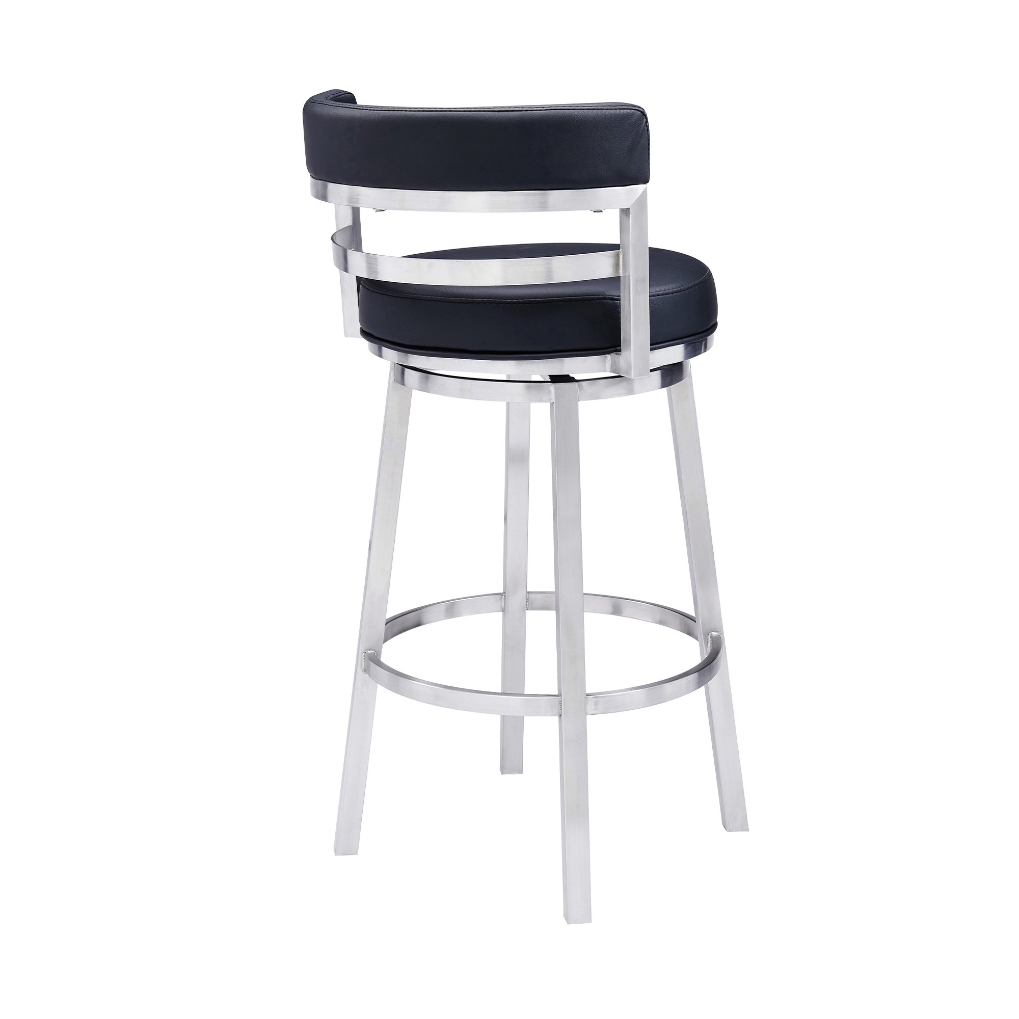 Eva 30 Inch Padded Swivel Bar Stool Chair, Steel Finish, Black Faux Leather- Saltoro Sherpi