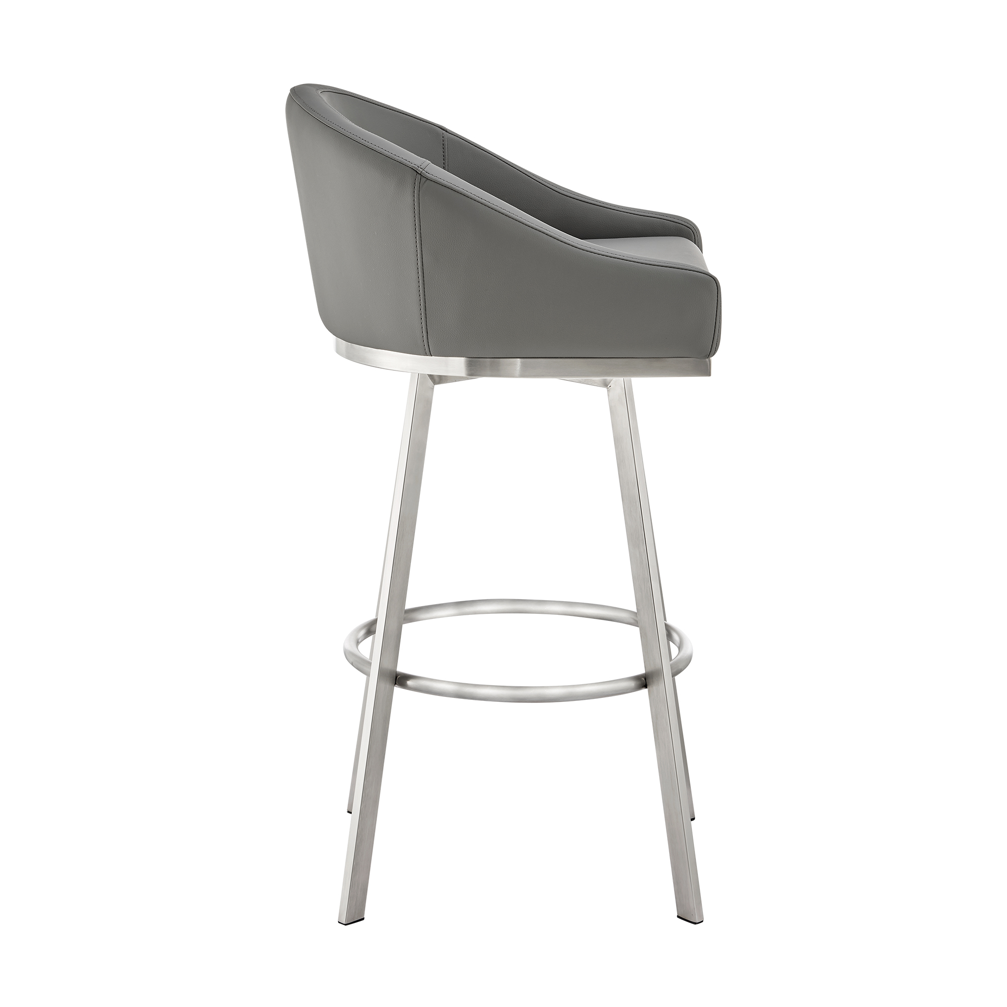 Sheryl 30 Inch Metal Swivel Bar Stool Chair, Low Back, Gray Faux Leather- Saltoro Sherpi