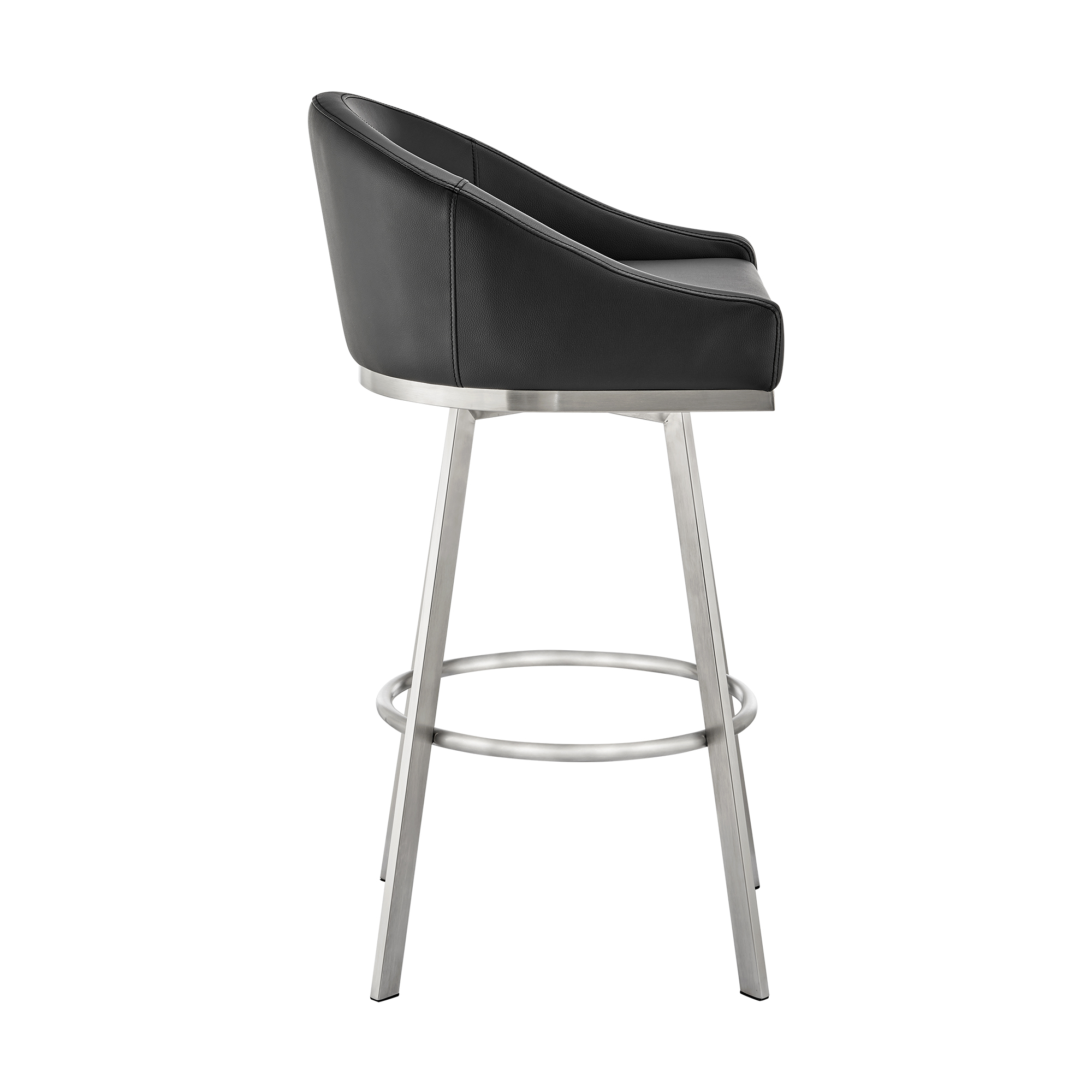 Sheryl 30 Inch Swivel Bar Stool Chair, Low Back, Black Faux Leather- Saltoro Sherpi
