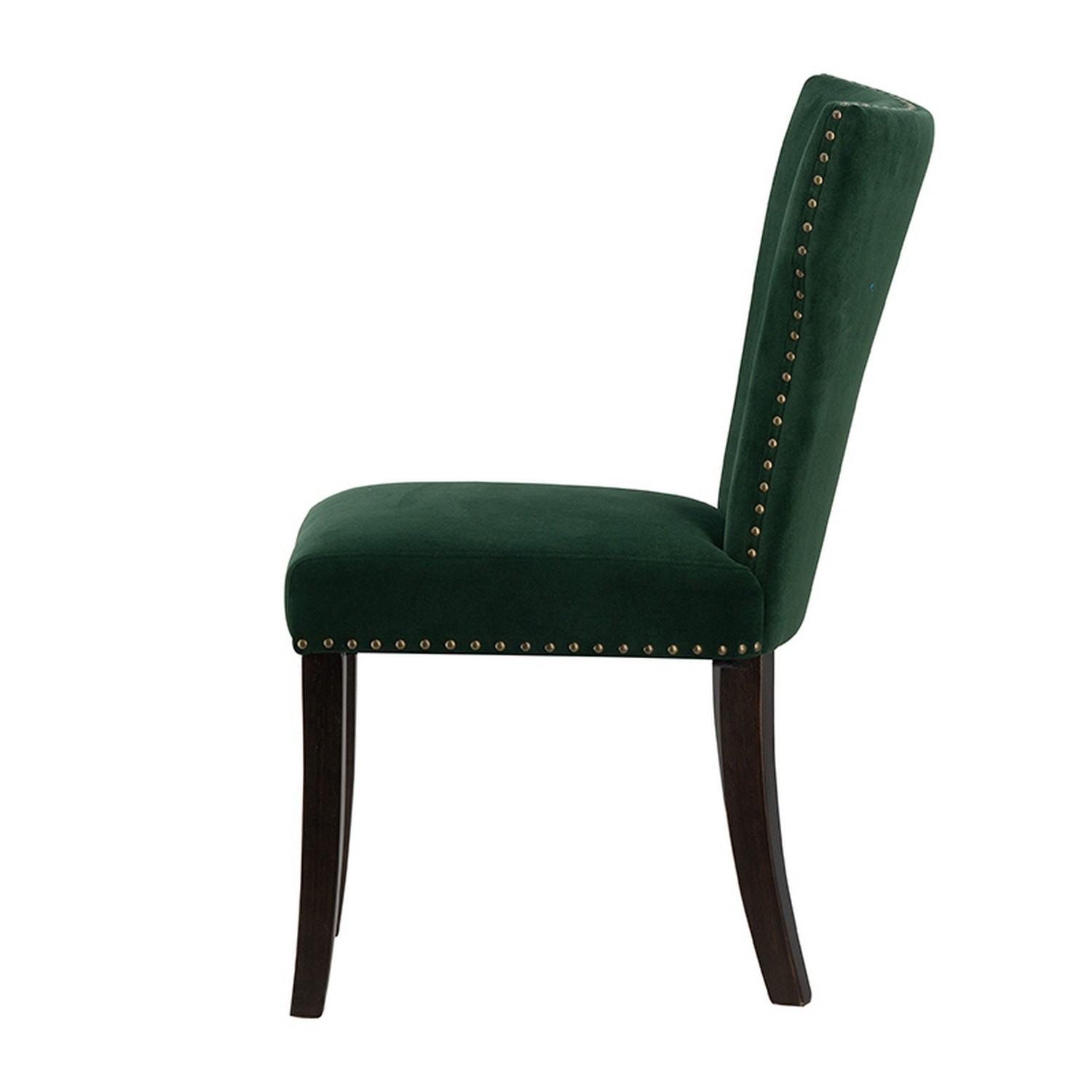 Devi 25 Inch Curved Dining Chair, Green Velvet Upholstery, Nailhead Trim- Saltoro Sherpi