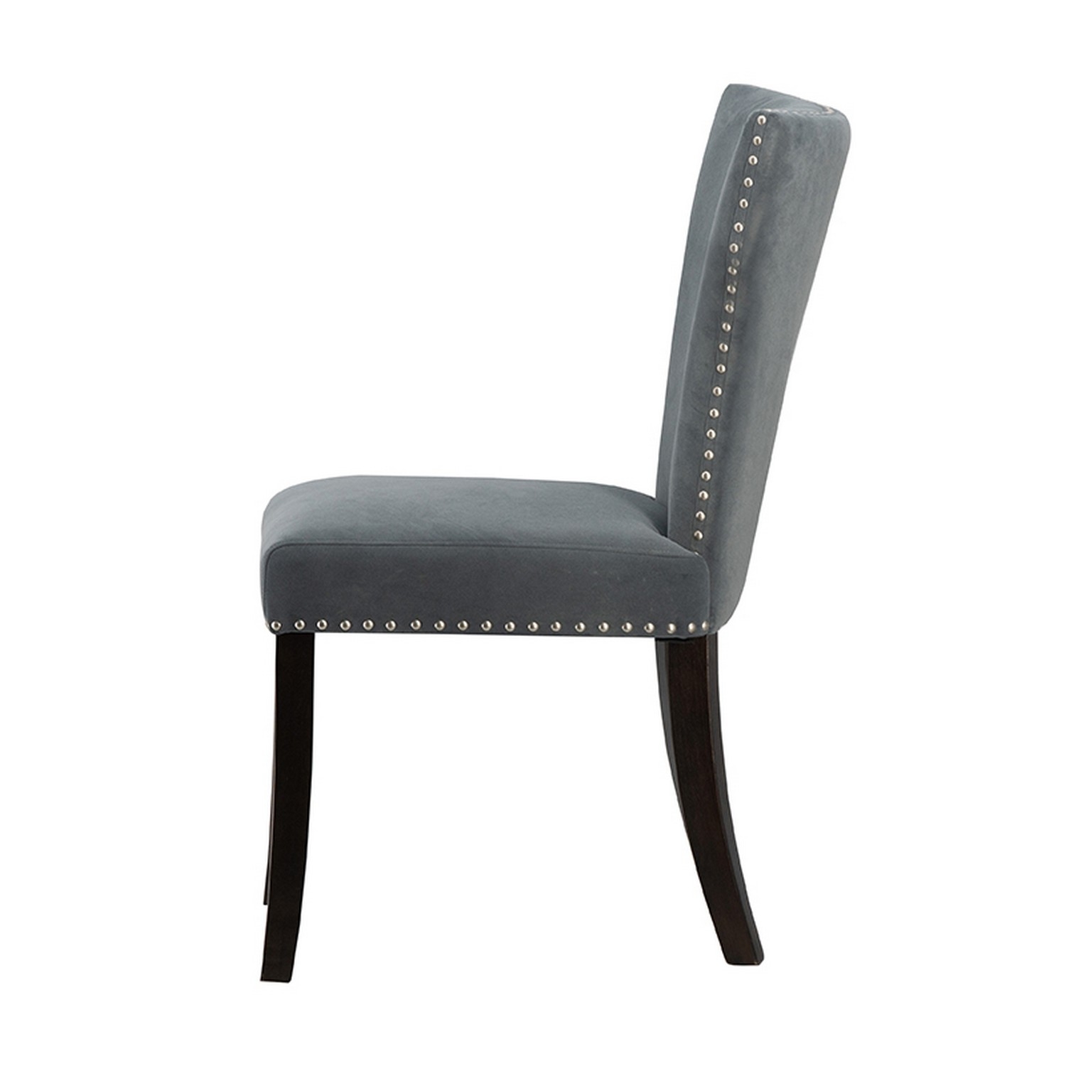 Devi 25 Inch Curved Dining Chair, Gray Velvet Upholstery, Nailhead Trim- Saltoro Sherpi