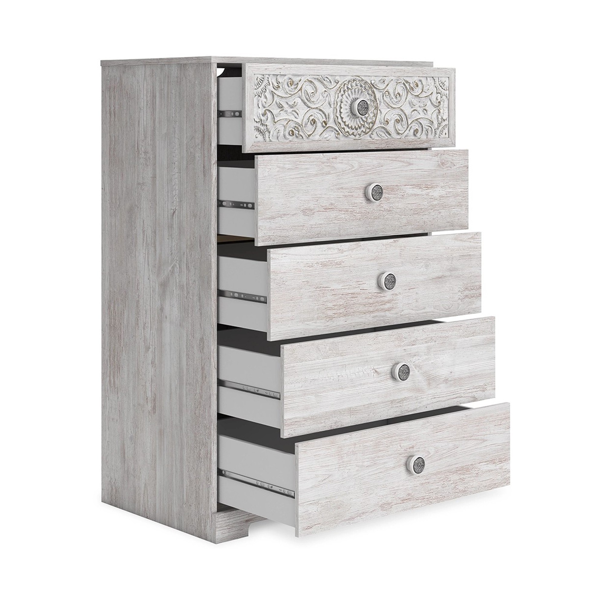 46 Inch 5 Drawer Modern Tall Dresser Chest, Whitewashed Carved Design Wood- Saltoro Sherpi