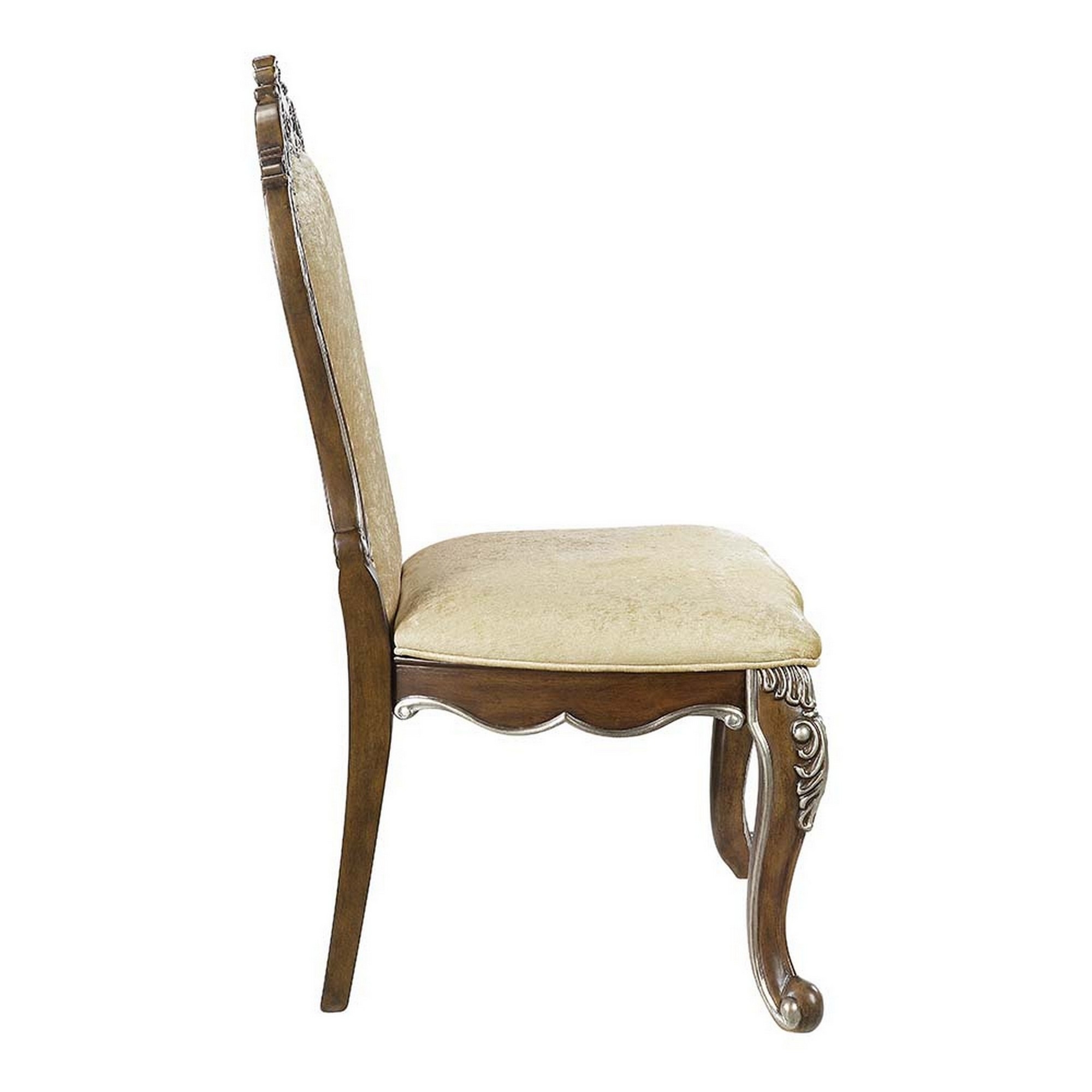 24 Inch Side Dining Chair, Set Of 2, Vintage Oak Brown, Beige Chenille- Saltoro Sherpi