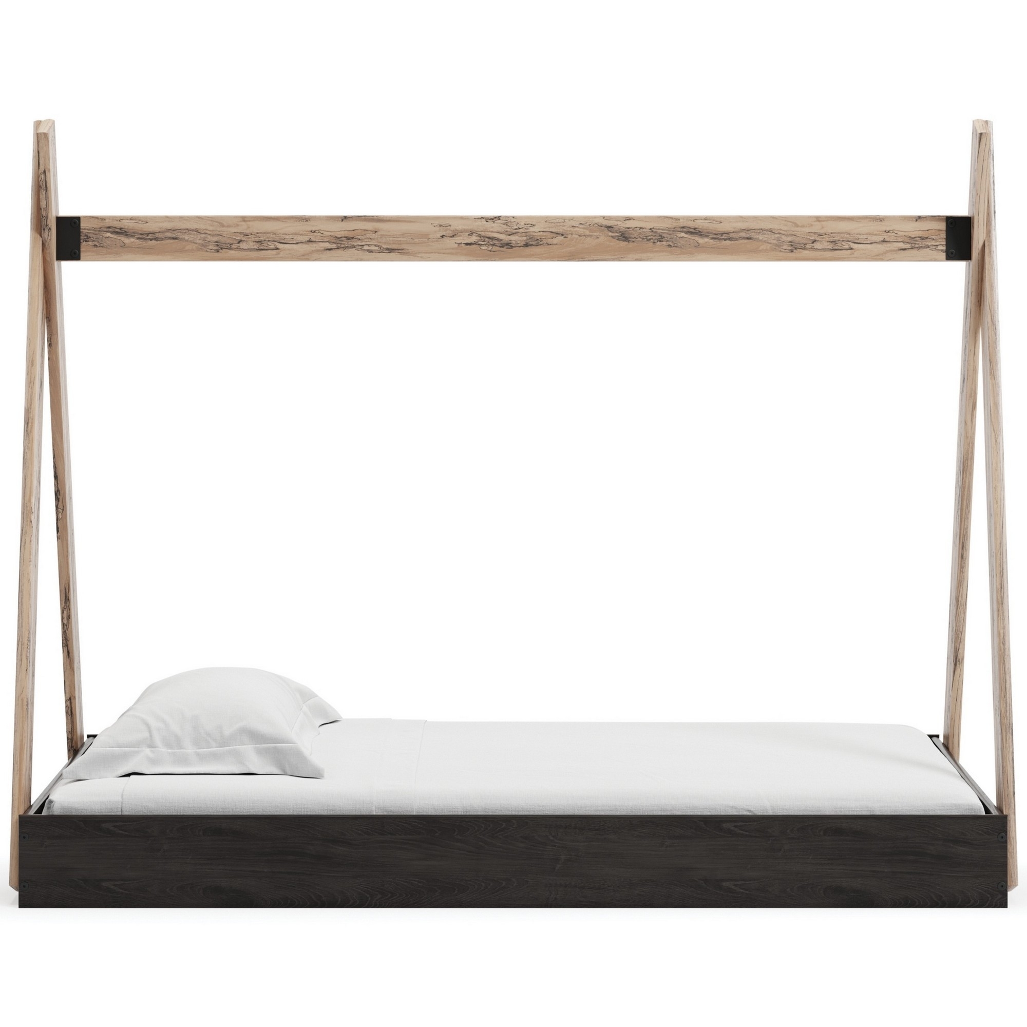 Pipa Modern Twin Size Bed, Crossed Wood A Frame Tent Stand, Jet Black Base- Saltoro Sherpi