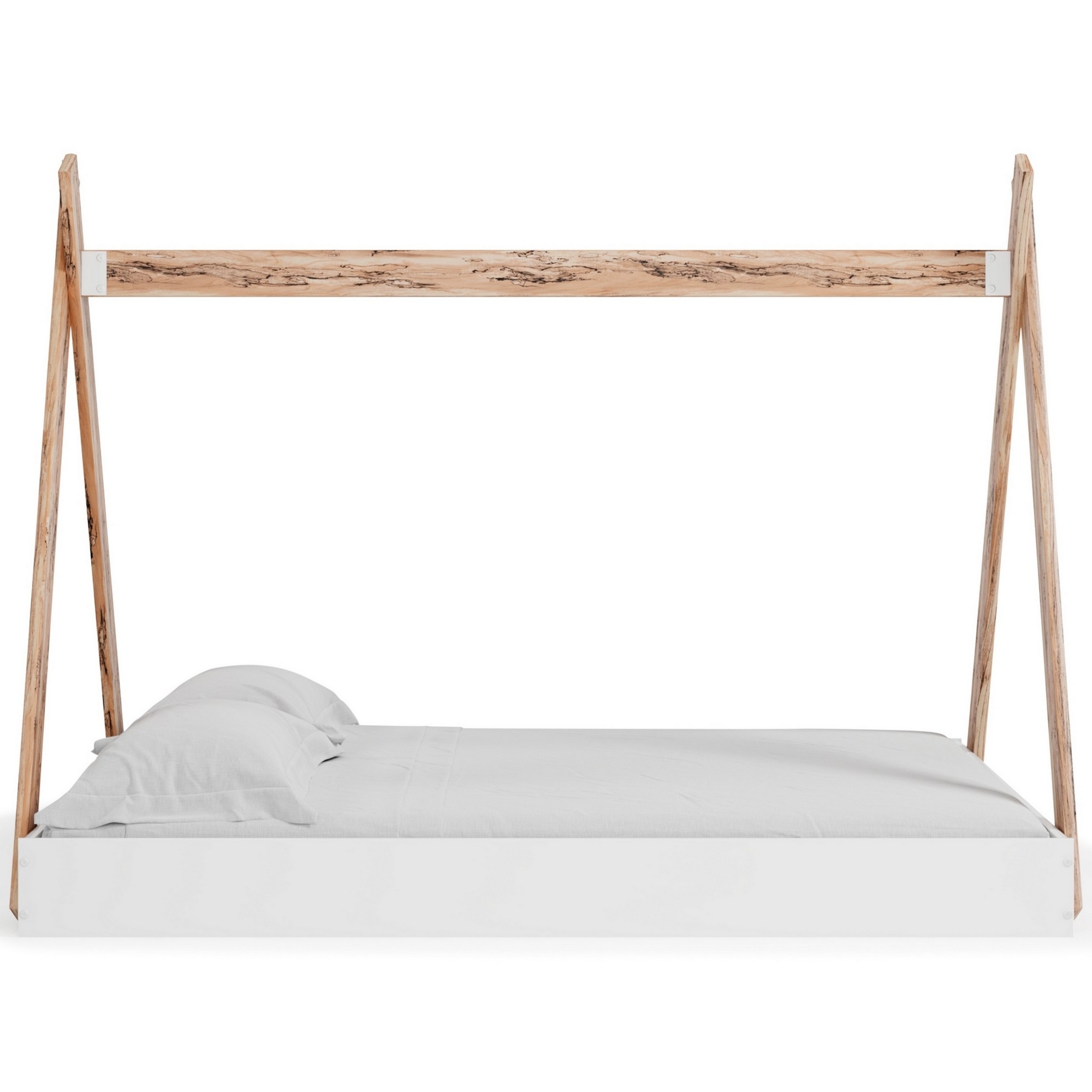 Pipa Modern Full Bed, Crossed Wood A Frame Tent Stand, Crisp White Base- Saltoro Sherpi