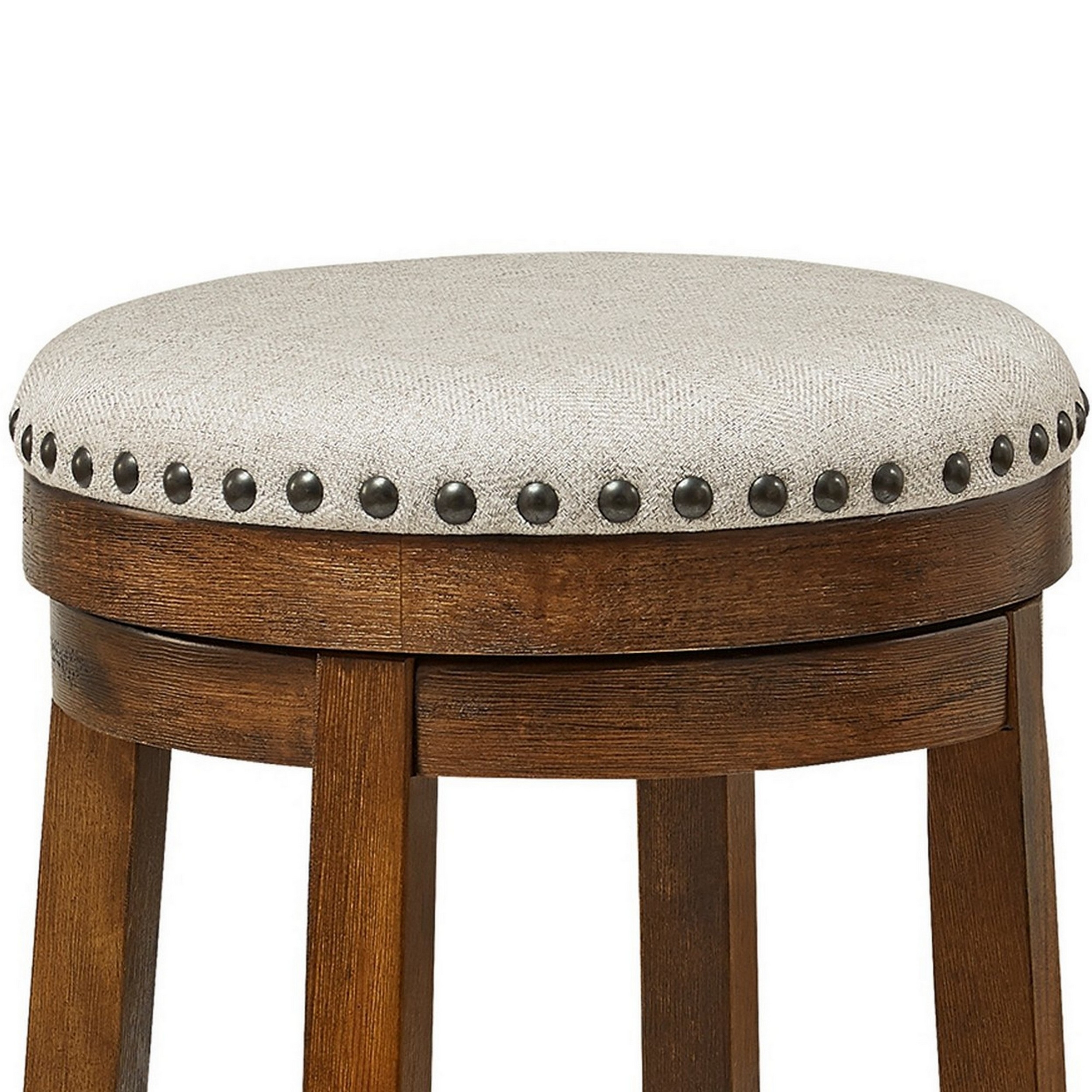 Zane 24 Inch Backless Swivel Counter Stool, Round Beige Seat, Brown Wood- Saltoro Sherpi