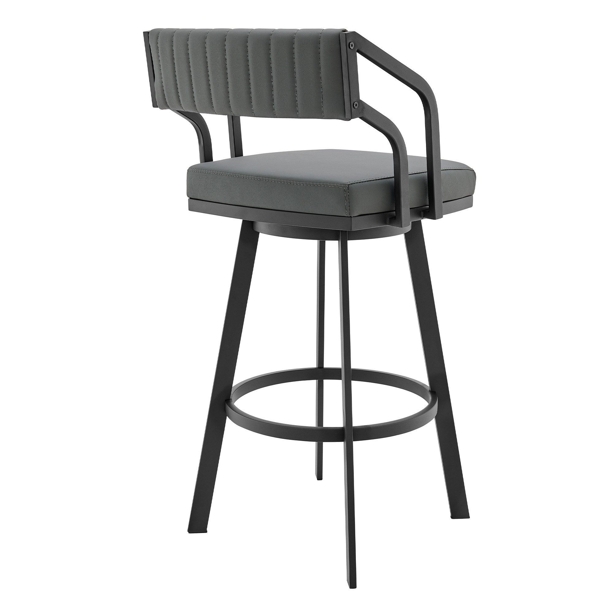 30 Inch Swivel Barstool Chair, Open Sloped Arms, Gray Faux Leather, Black- Saltoro Sherpi