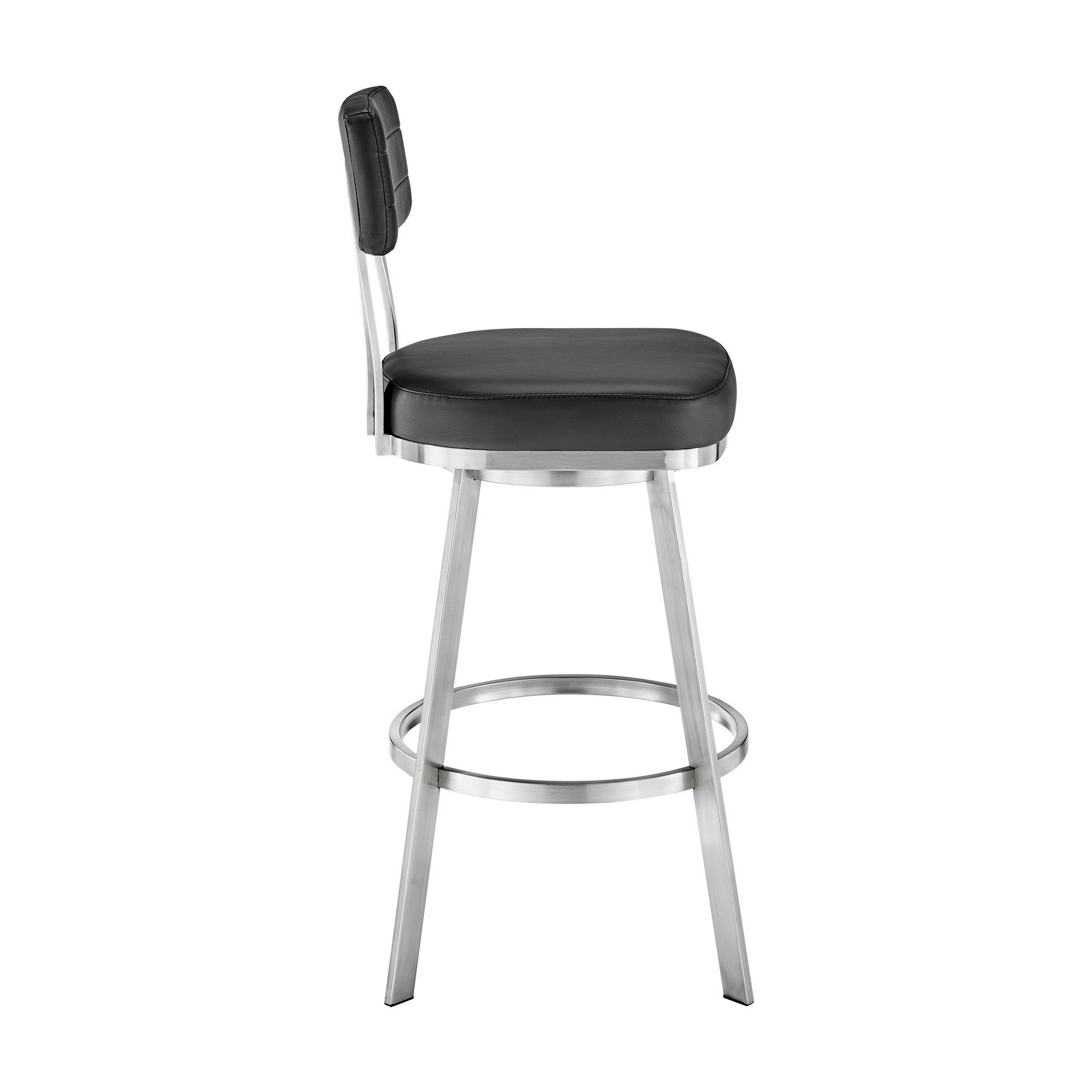 Col 26 Inch Swivel Counter Stool, Black Faux Leather, Stainless Steel Frame- Saltoro Sherpi
