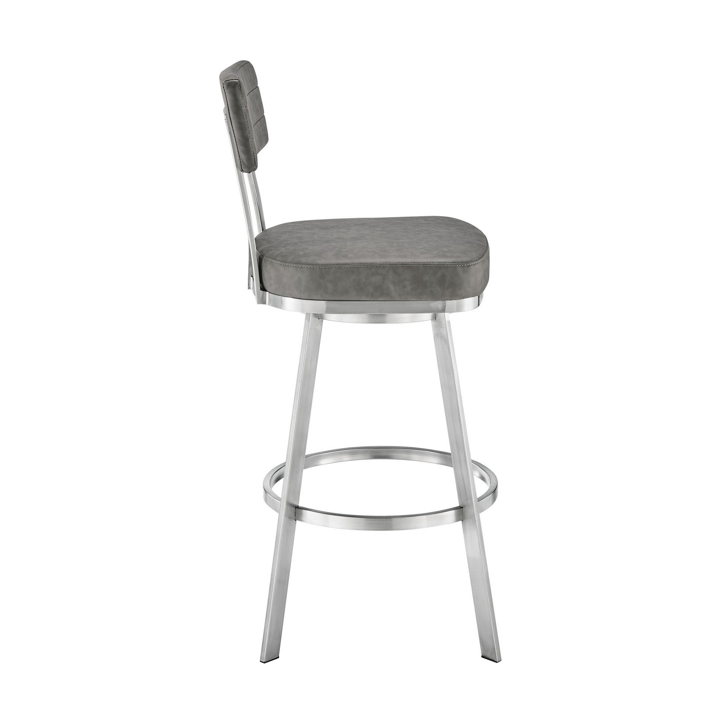 Col 26 Inch Swivel Counter Stool, Gray Faux Leather, Stainless Steel Frame- Saltoro Sherpi