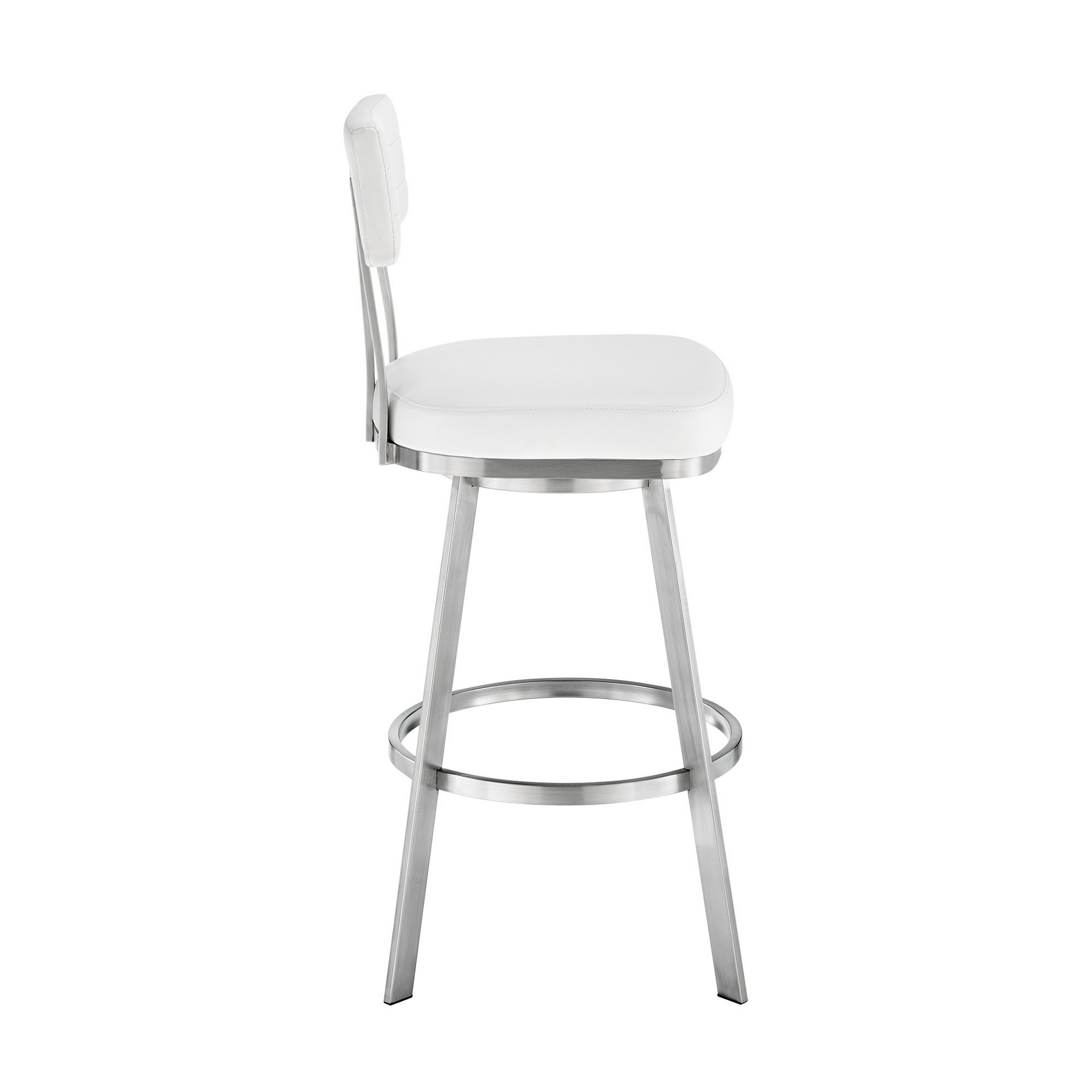 Col 26 Inch Swivel Counter Stool, White Faux Leather, Stainless Steel Frame- Saltoro Sherpi