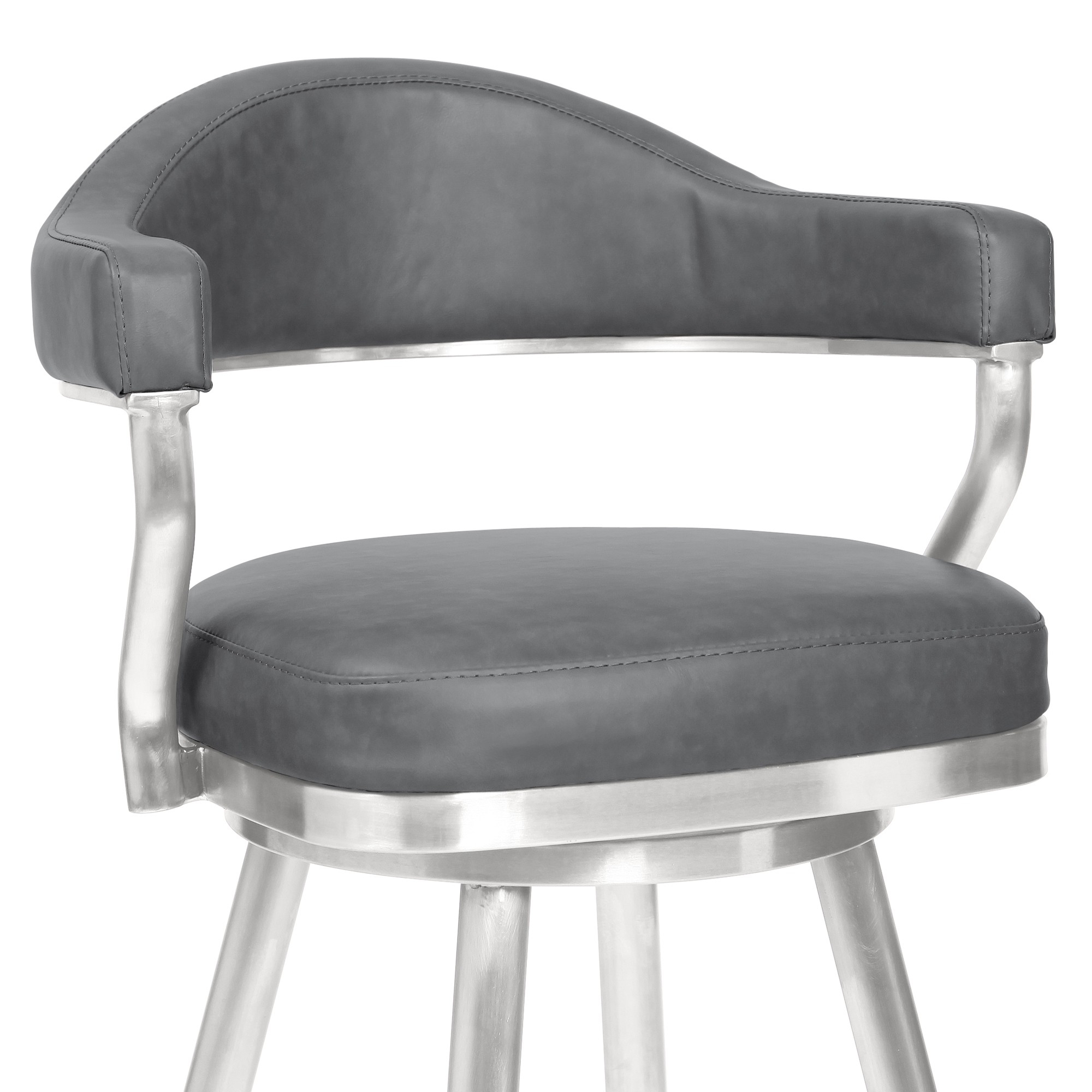 Knw 30 Inch Swivel Barstool Armchair, Chrome, Vintage Gray Faux Leather- Saltoro Sherpi