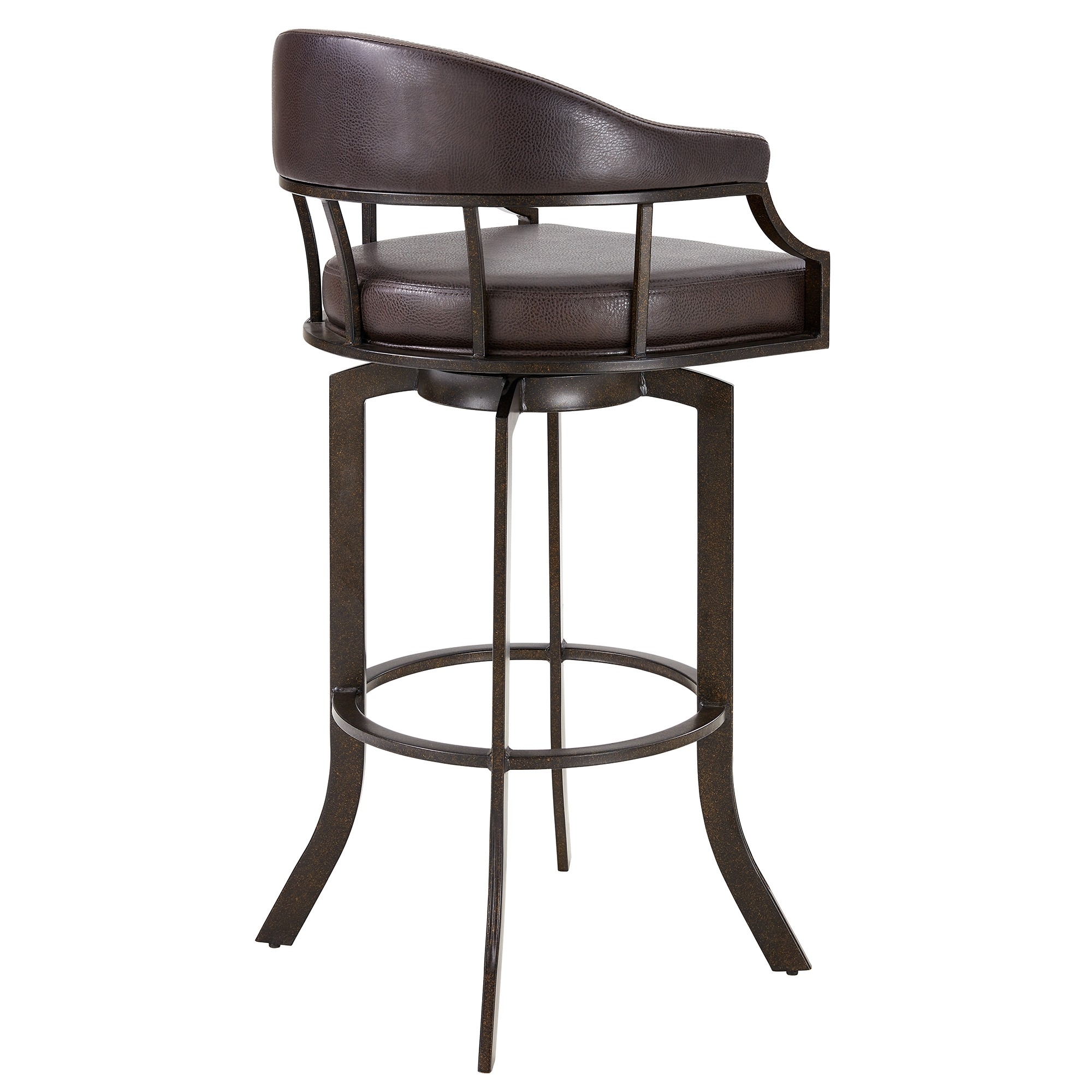 Nuf 30 Inch Swivel Barstool Armchair, Curved Round Back, Brown Faux Leather- Saltoro Sherpi