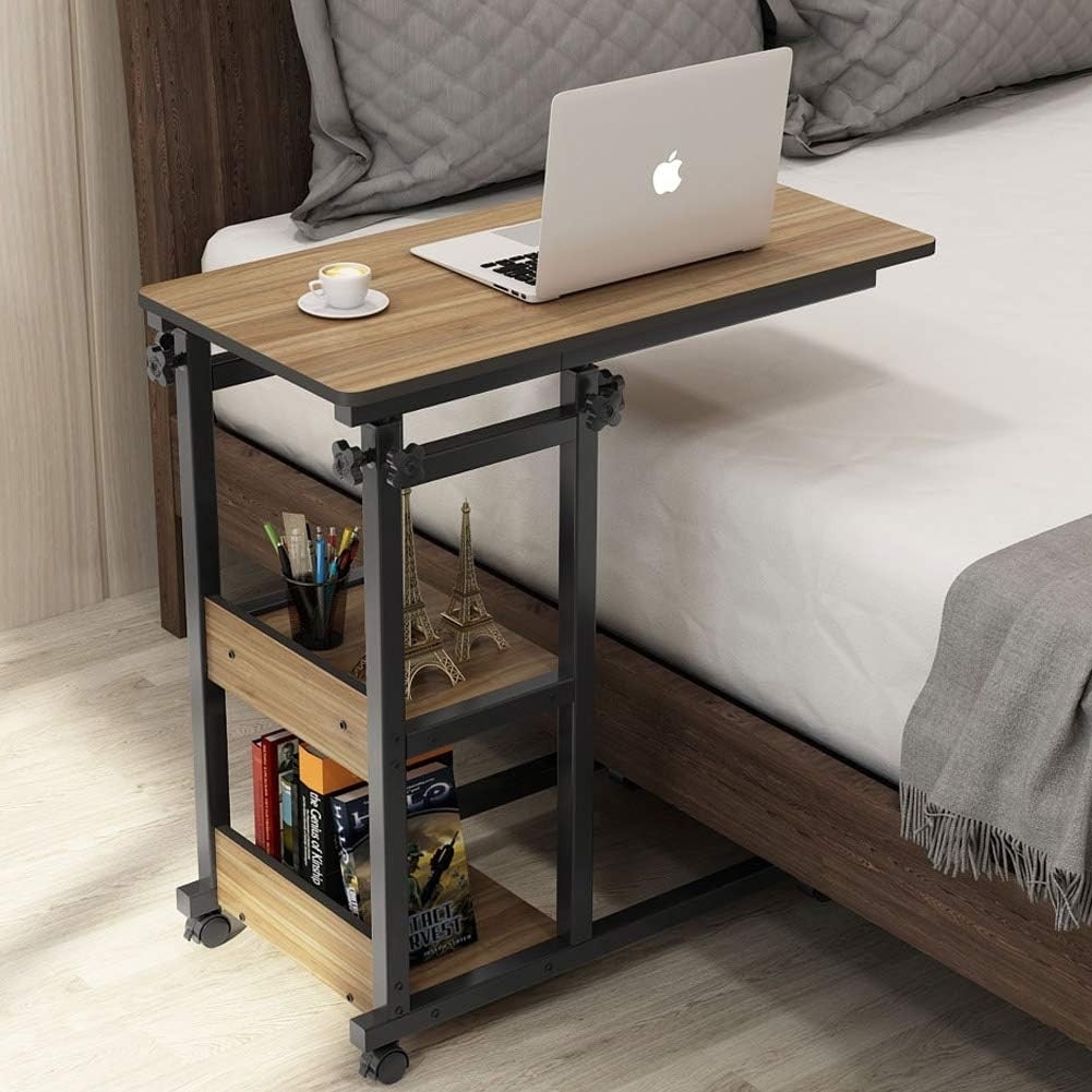 Tribesigns Snack Side Table, Mobile End Table Height Adjustable Bedside Table Laptop Rolling Cart C Shaped TV Tray With Storage Shelves - Oa