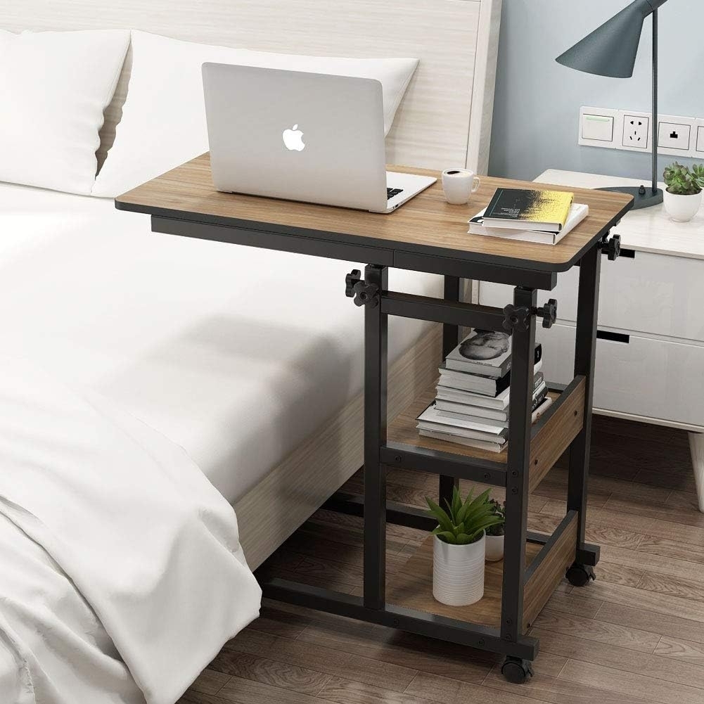 Tribesigns Snack Side Table, Mobile End Table Height Adjustable Bedside Table Laptop Rolling Cart C Shaped TV Tray With Storage Shelves - Bl