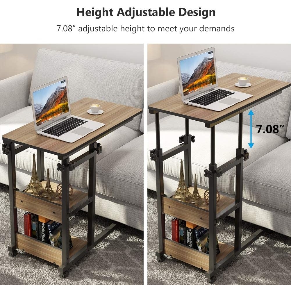 Tribesigns Snack Side Table, Mobile End Table Height Adjustable Bedside Table Laptop Rolling Cart C Shaped TV Tray With Storage Shelves - Oa