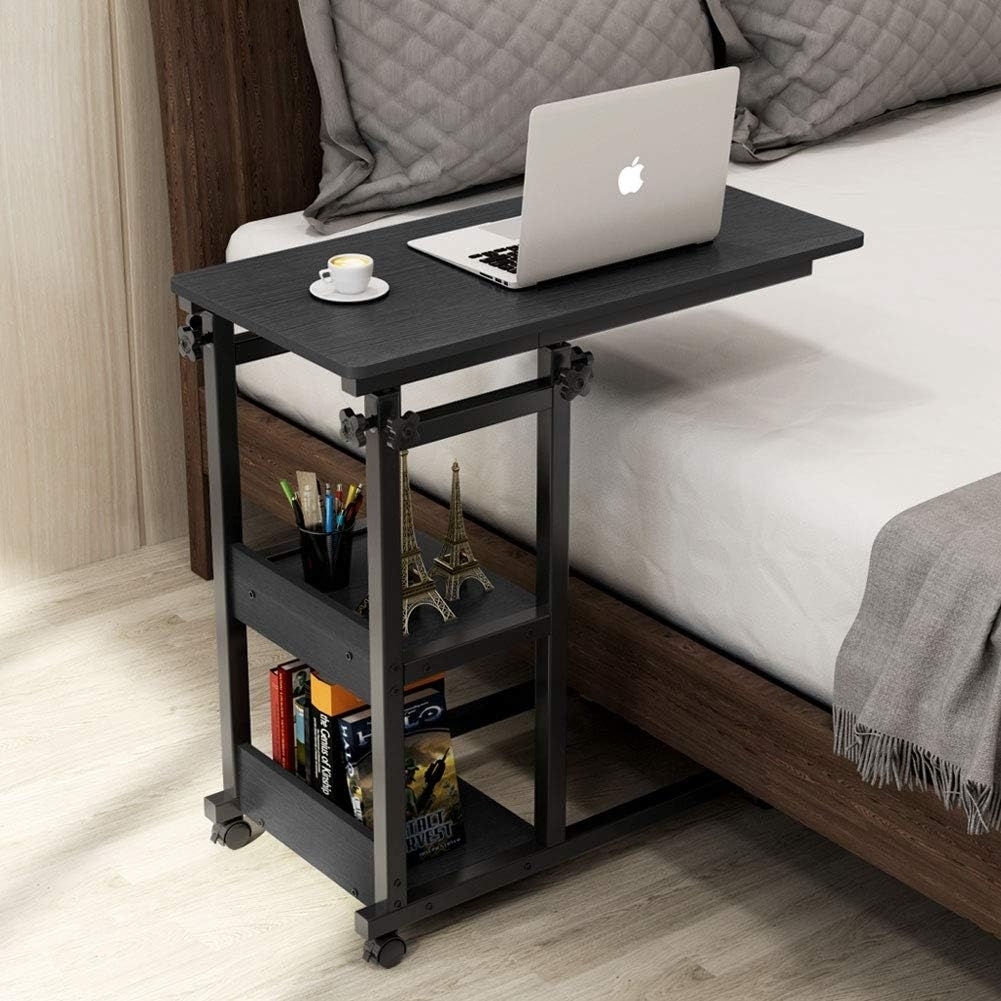 Tribesigns Snack Side Table, Mobile End Table Height Adjustable Bedside Table Laptop Rolling Cart C Shaped TV Tray With Storage Shelves - Bl