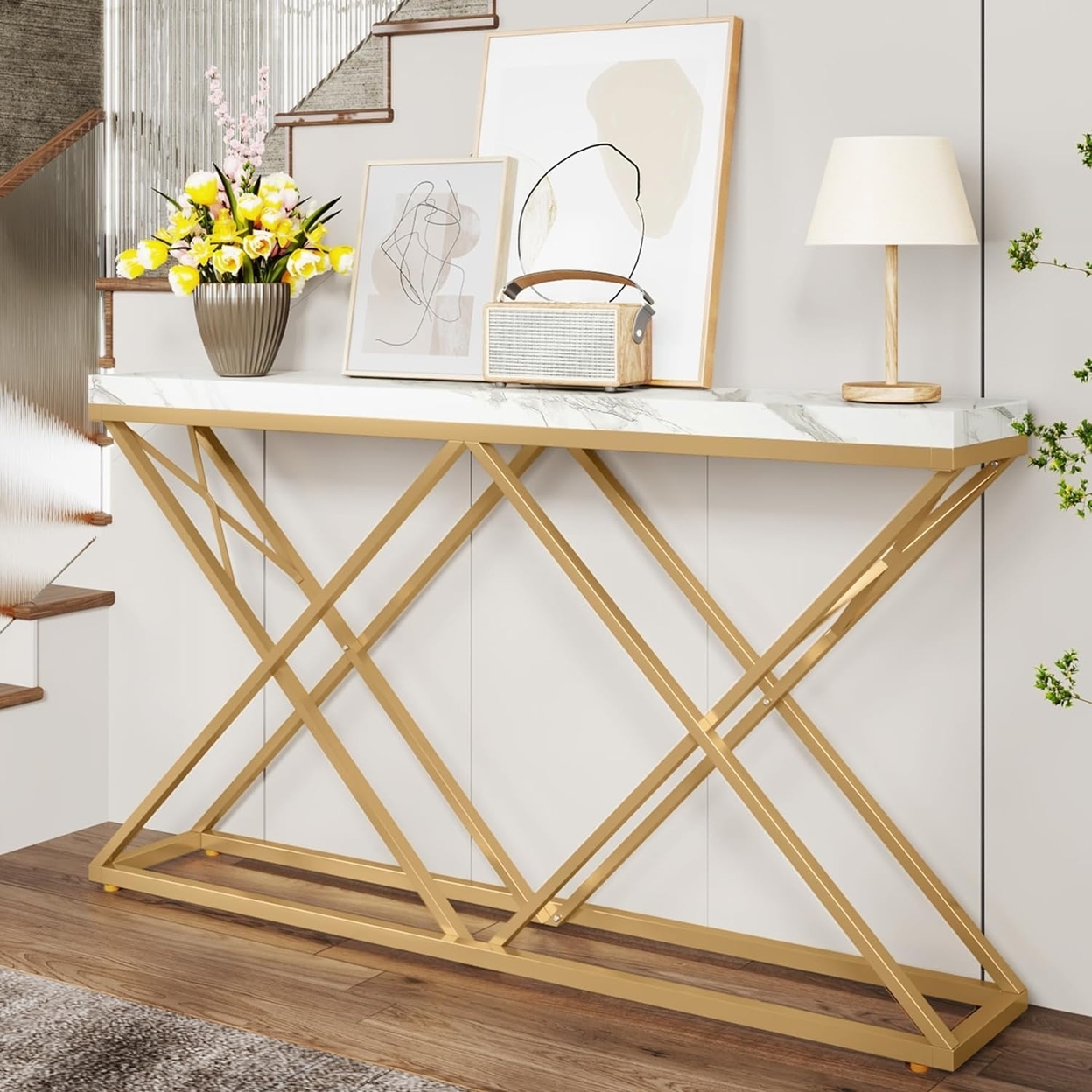 Tribesigns Gold Console Table, Modern 55 Entryway Table Narrow Long Sofa Table With Geometric Metal Legs