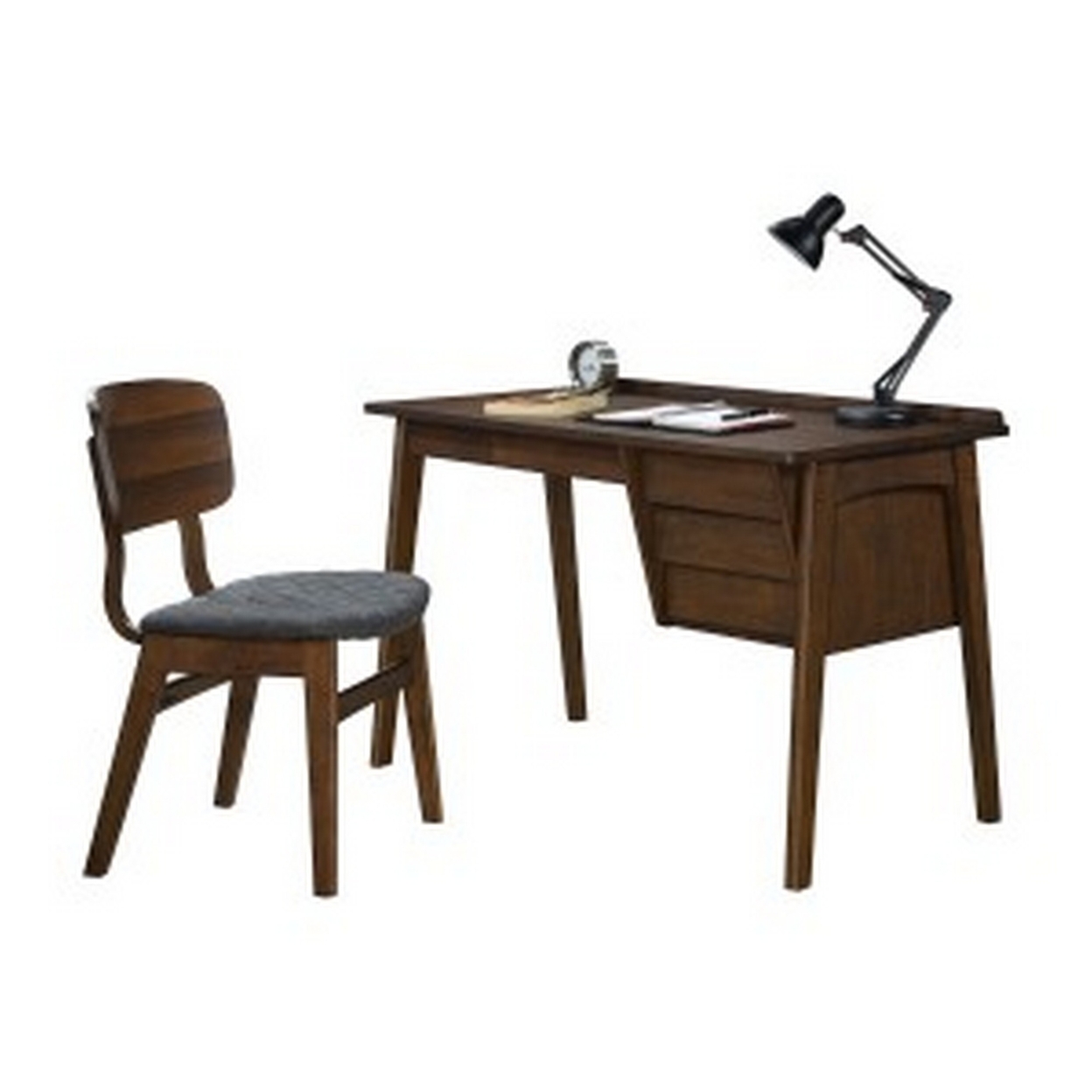 Modern Writing Desk And Chair Set, 3 Drawers, Cushioned Seat, Gray Fabric- Saltoro Sherpi