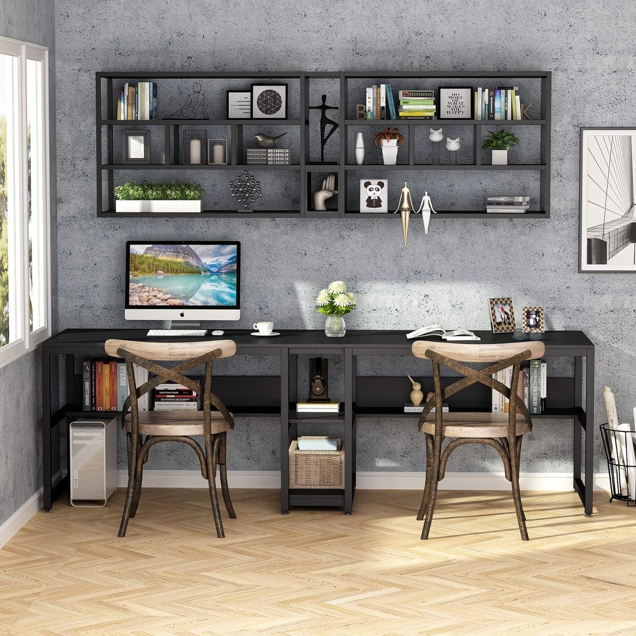 Tribesigns Double Computer Desk With Bookshelf, 78.7 Computer Office Double Desk For Two Person - Black