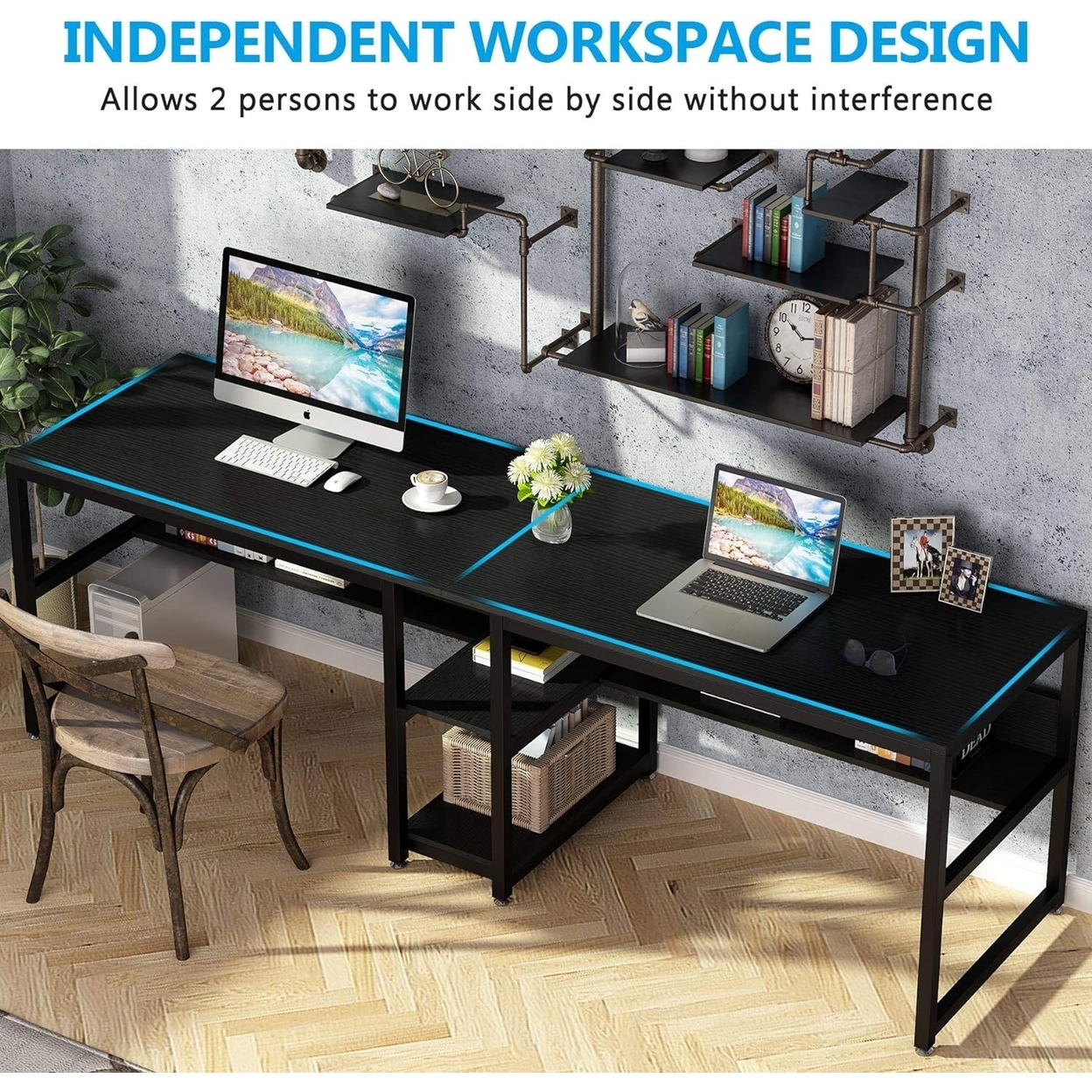 Tribesigns Double Computer Desk With Bookshelf, 78.7 Computer Office Double Desk For Two Person - Black