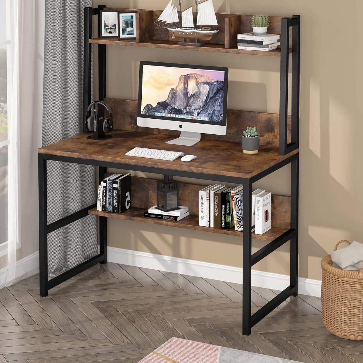 Tribesigns Computer Desk With Hutch, Modern PC Laptop Table Study Writing Desk With Storage Space