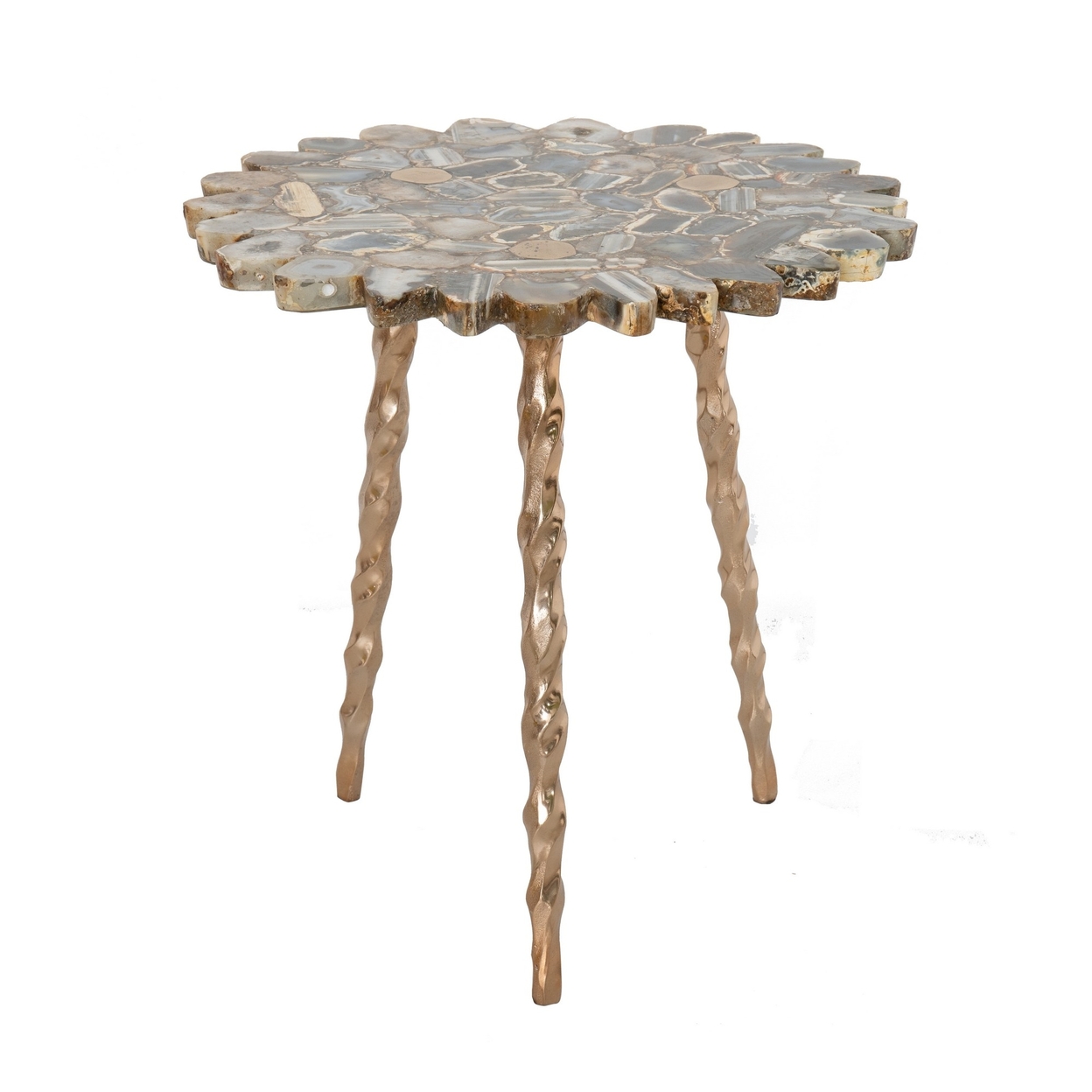 Cato 18 Inch Decorative Accent Table, Blue Agate Top, Twisted Brass Legs- Saltoro Sherpi