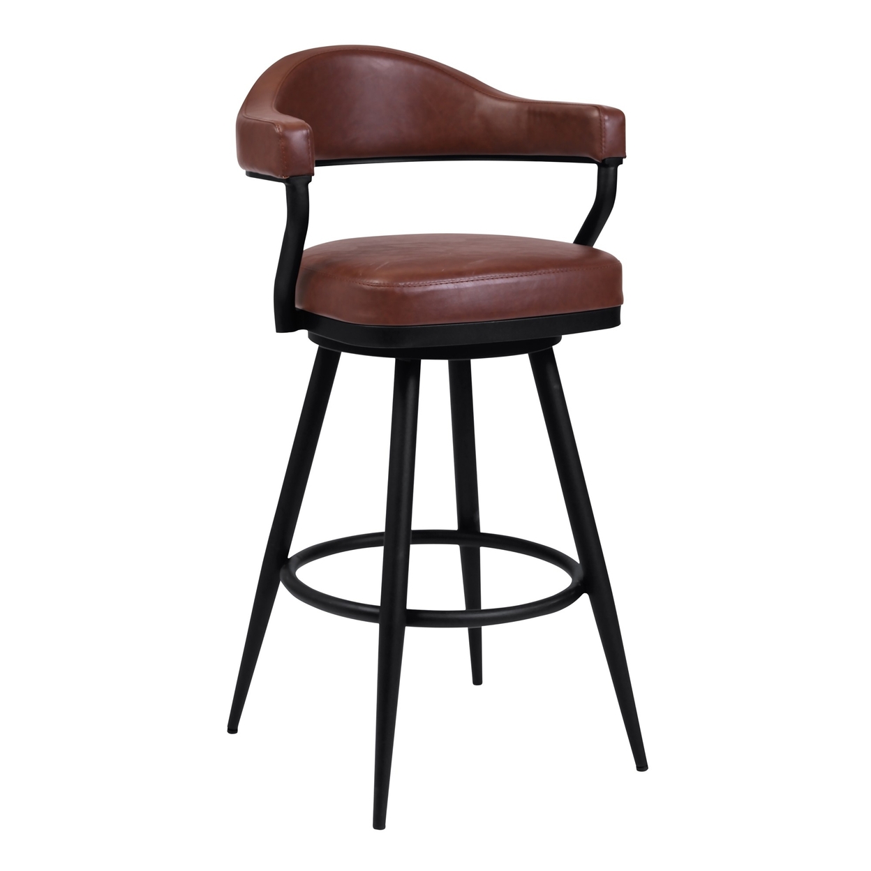 Knw 30 Inch Swivel Barstool Armchair, Camel, Vintage Brown Faux Leather- Saltoro Sherpi