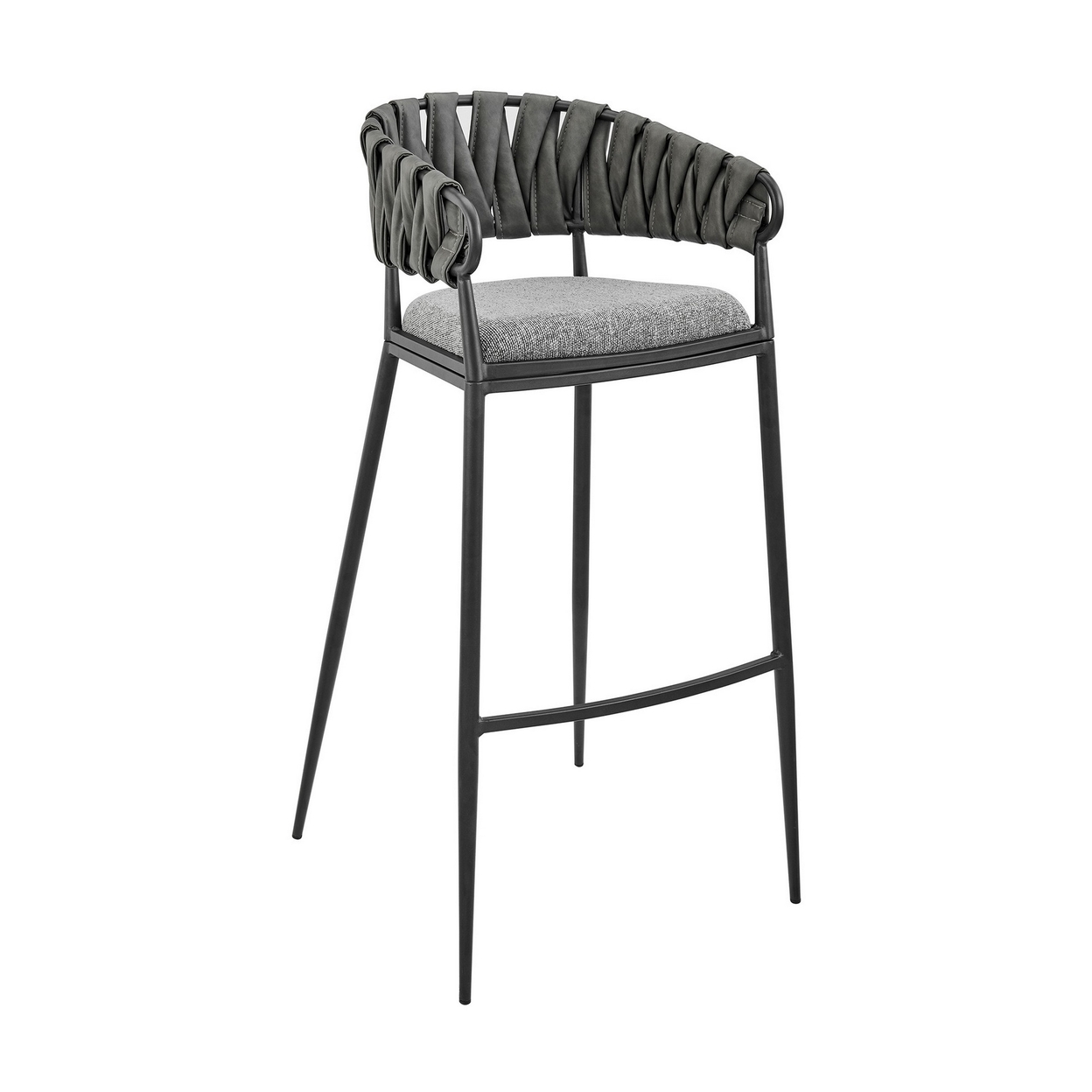 Viji 26 Inch Counter Stool Chair, Gray Faux Leather Fabric Back, Black Iron- Saltoro Sherpi