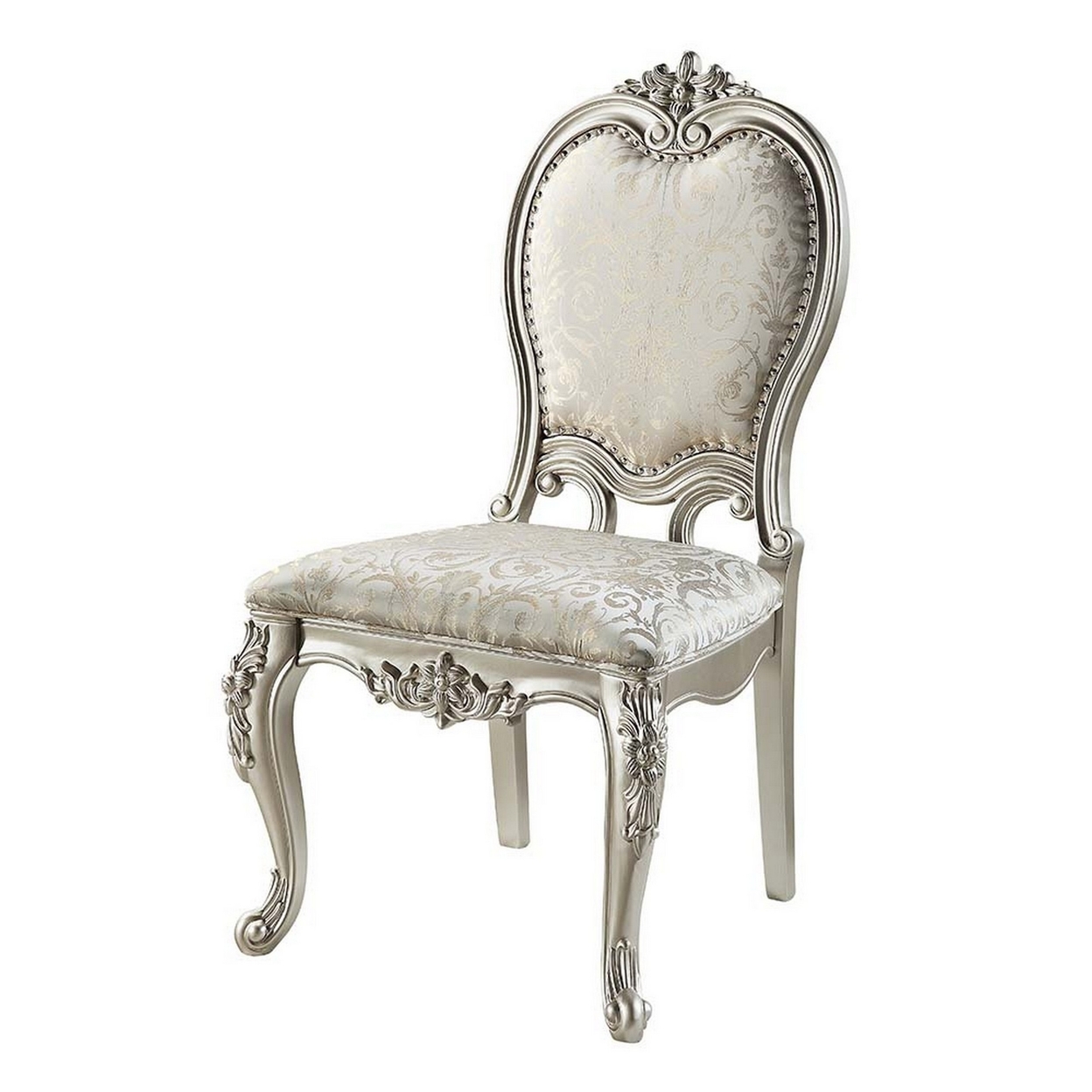 24 Inch Side Dining Chair, Set Of 2, Champagne Silver Frame, Gray Jacquard- Saltoro Sherpi