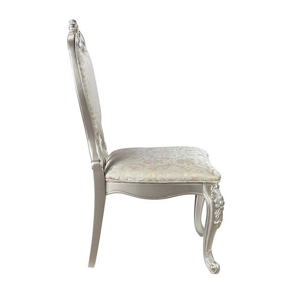 24 Inch Side Dining Chair, Set Of 2, Champagne Silver Frame, Gray Jacquard- Saltoro Sherpi