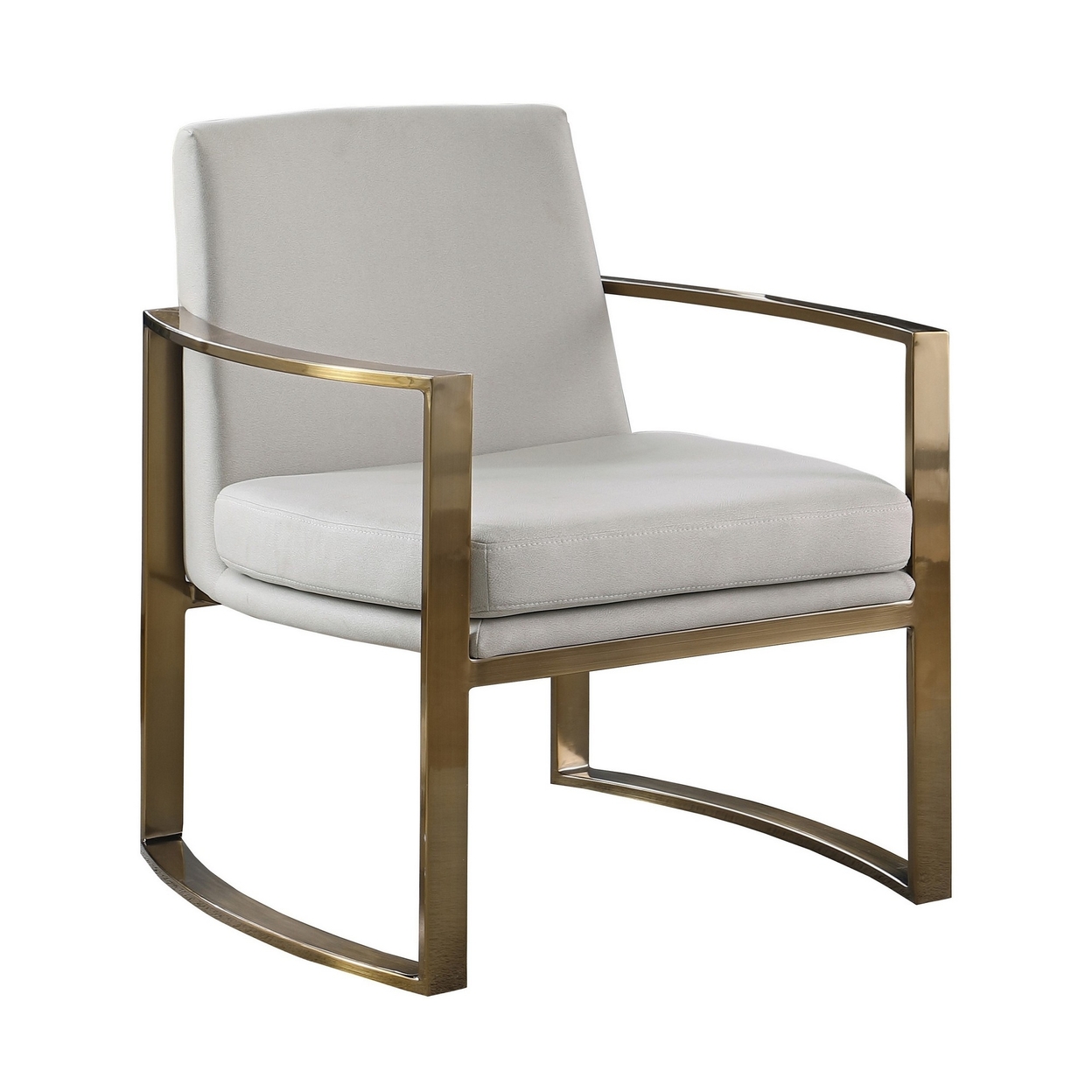 29 Inch Modern Accent Armchair, Bronze Arms And Base, Cream Faux Leather- Saltoro Sherpi