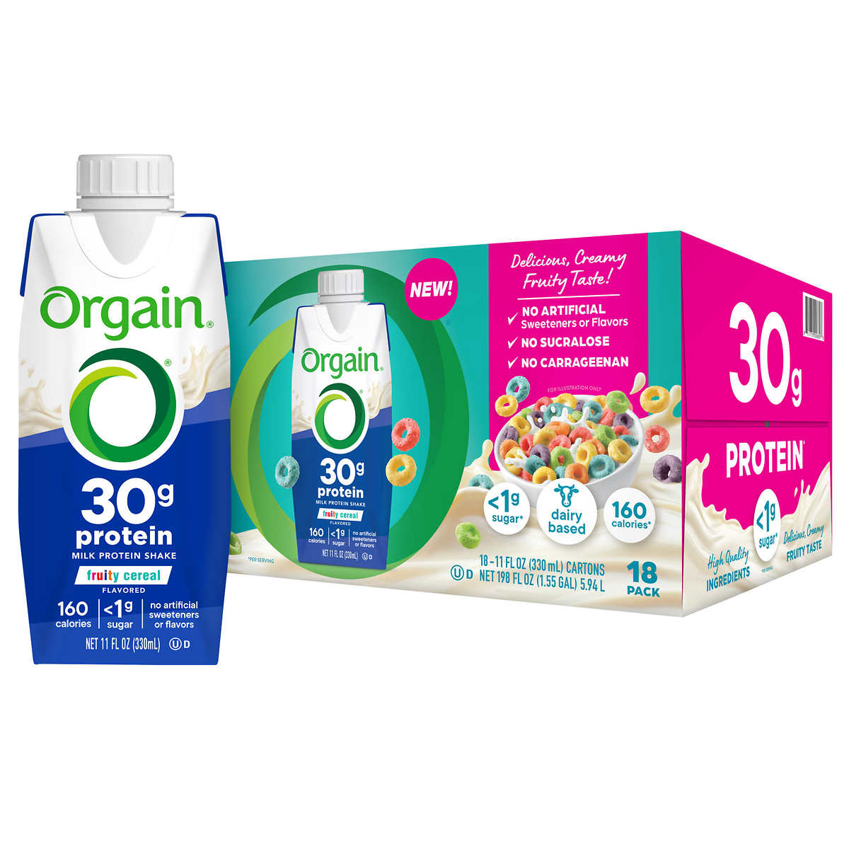 Orgain 30g Milk Protein Shake, Fruity Cereal, 11 Fluid Ounce (Pack Of 18)