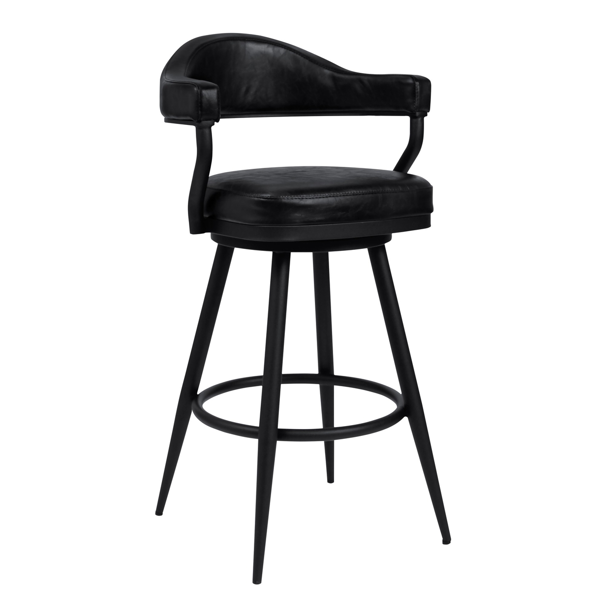 Knw 26 Inch Swivel Counter Stool Armchair, Vintage Black Faux Leather- Saltoro Sherpi