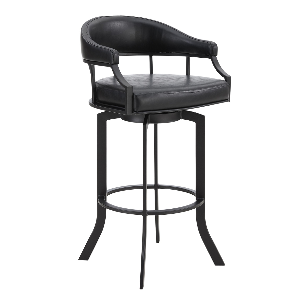 Nuf 26 Inch Swivel Counter Stool Armchair, Black Faux Leather, Curved Legs- Saltoro Sherpi