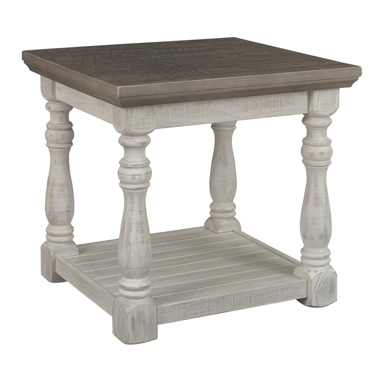 Plank Style End Table With Turned Legs And Open Shelf, White And Gray- Saltoro Sherpi