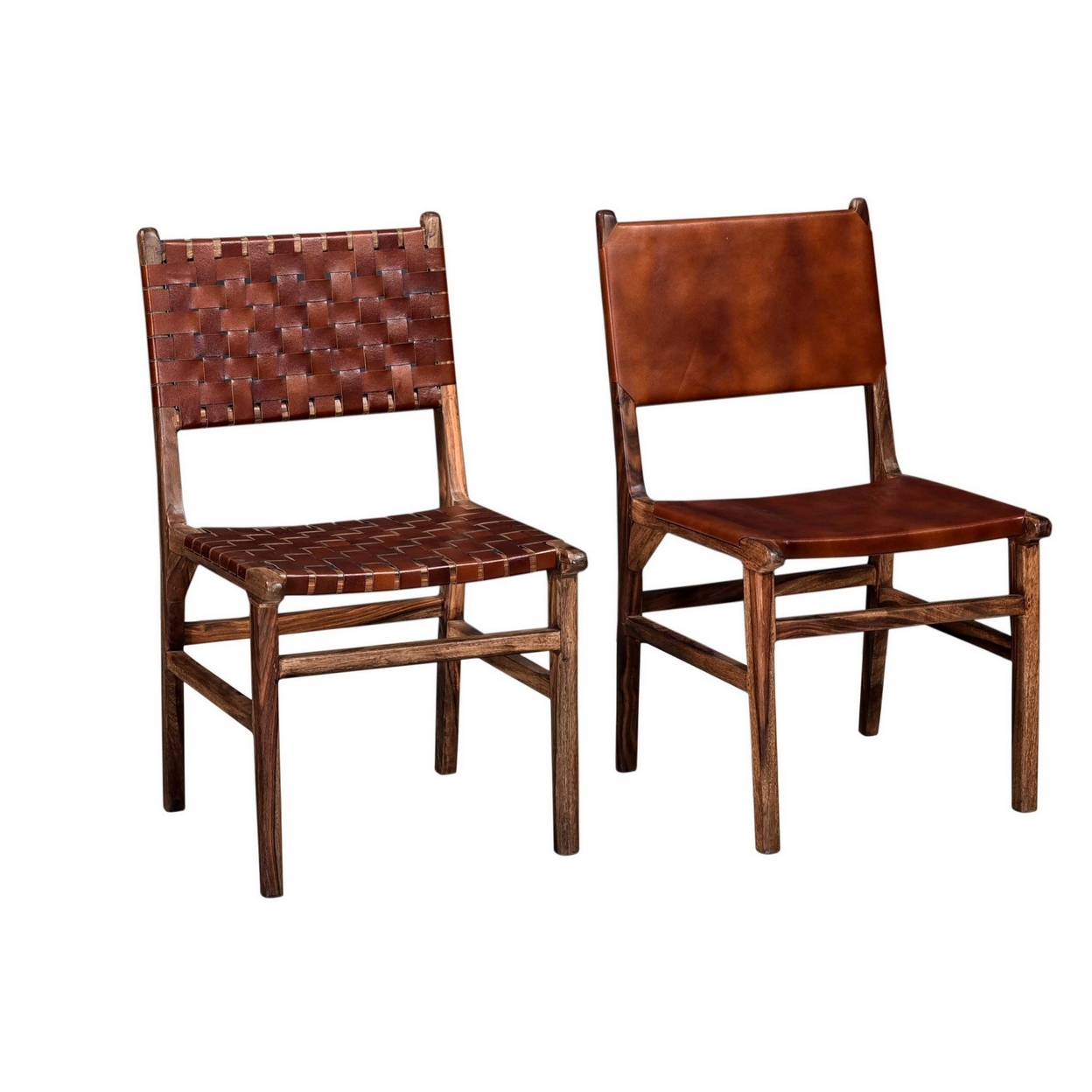 34 Inch Set Of 2 Wood Dining Chairs, Leather Woven Back And Seat, Brown- Saltoro Sherpi
