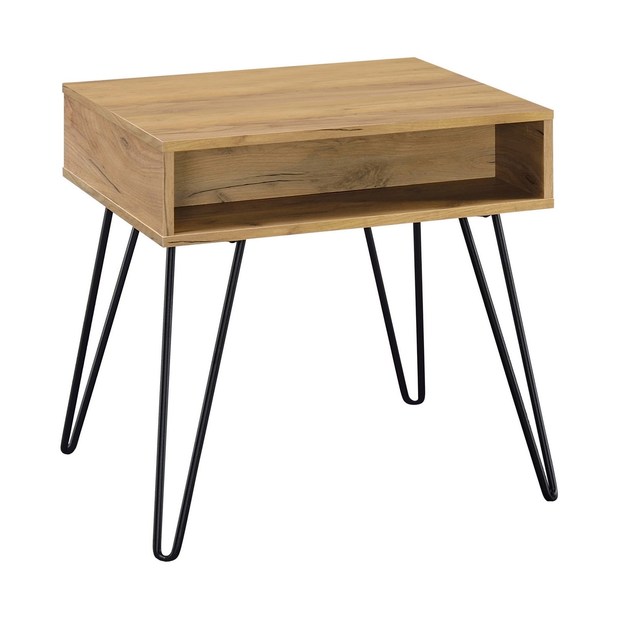 24 Inch Modern Side End Table, Golden Oak Wood, Black Metal Hairpin Legs