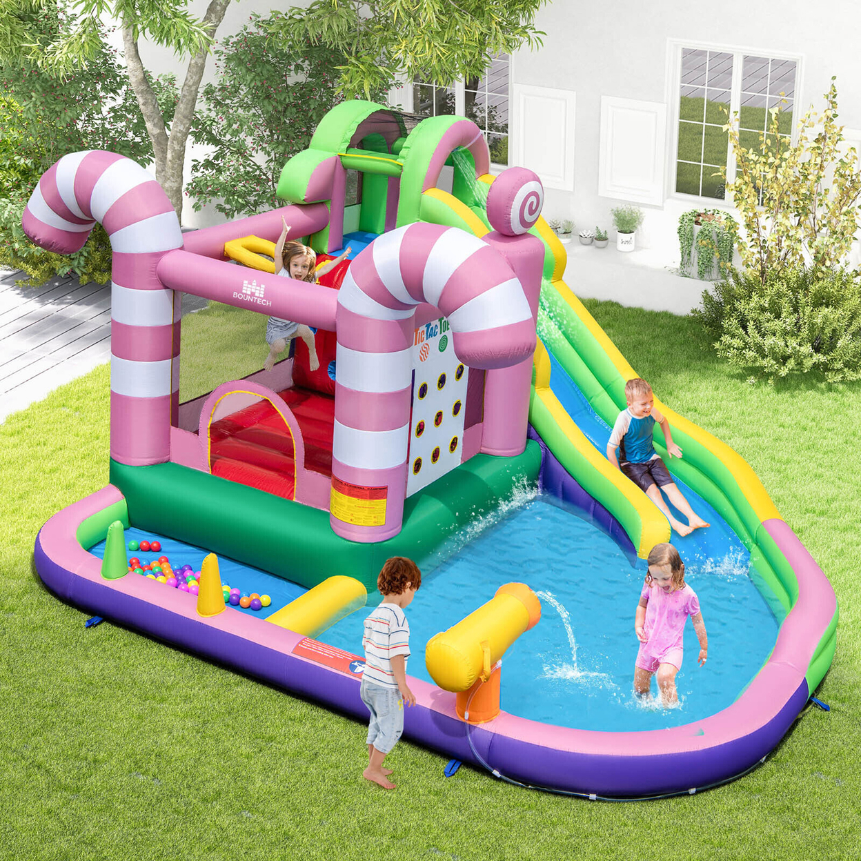 9-in-1 Inflatable Bounce House Sweet Candy Water Slide Park Pool W/ 750W Blower