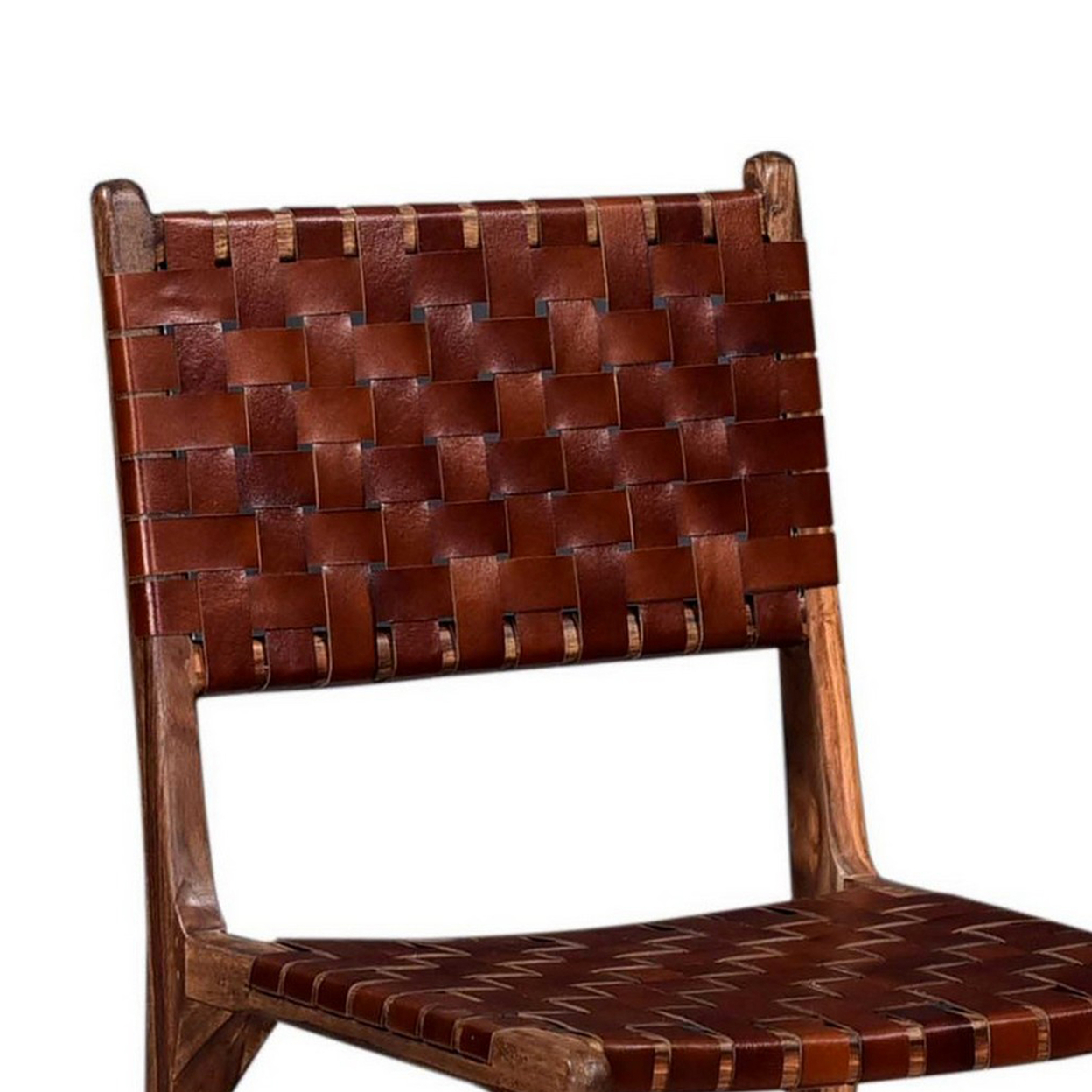34 Inch Set Of 2 Wood Dining Chairs, Leather Woven Back And Seat, Brown- Saltoro Sherpi