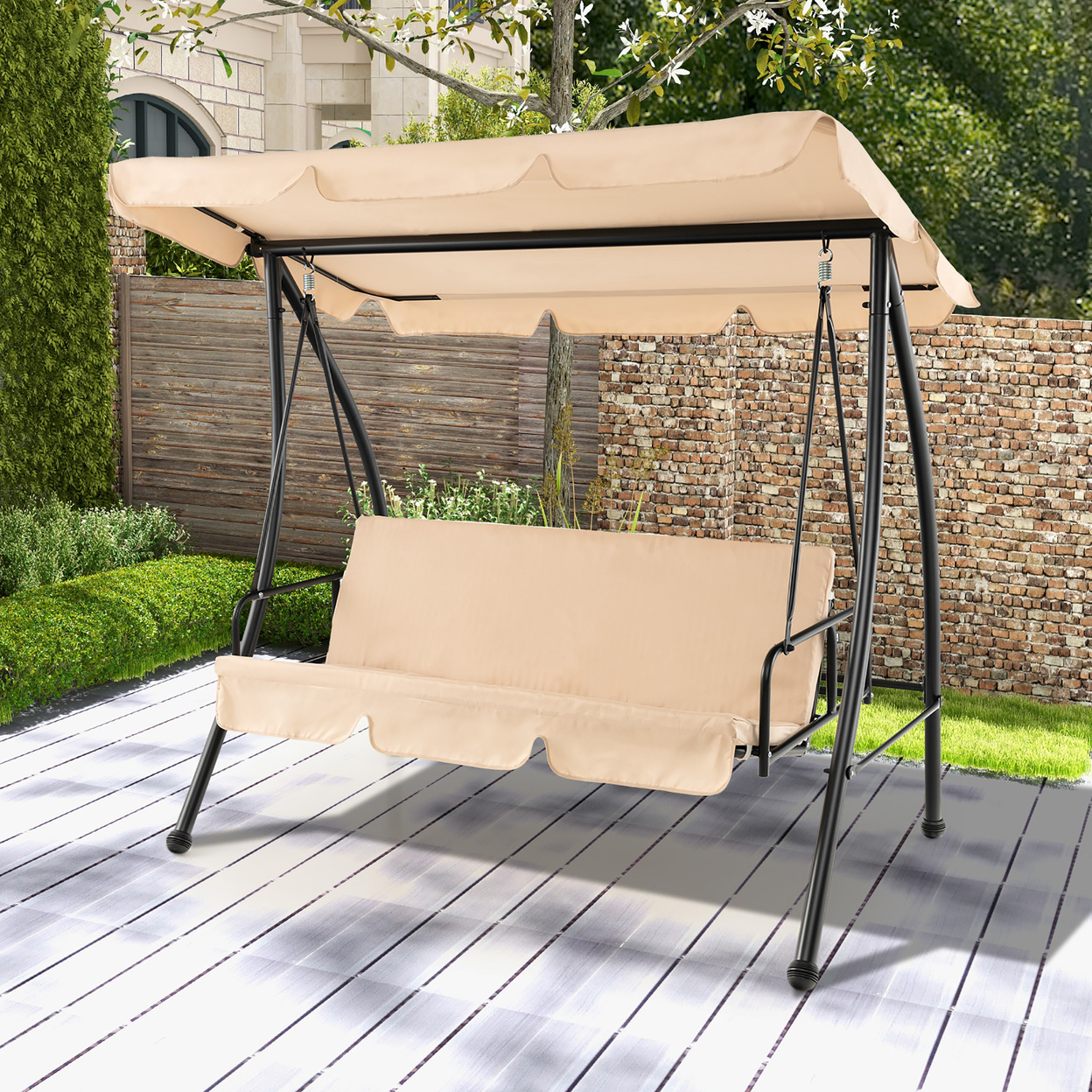 Outdoor Swing Chair Glider Patio Hammock Converting Flatbed W/ Adjustable Canopy