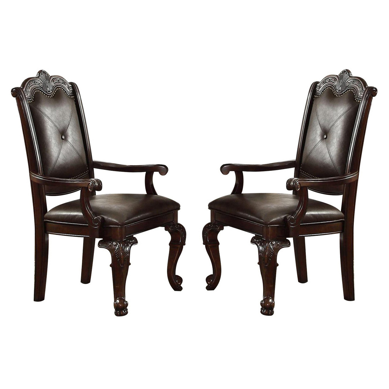 Button Tufted Leatherette Traditional Armchair, Set Of 2, Brown- Saltoro Sherpi