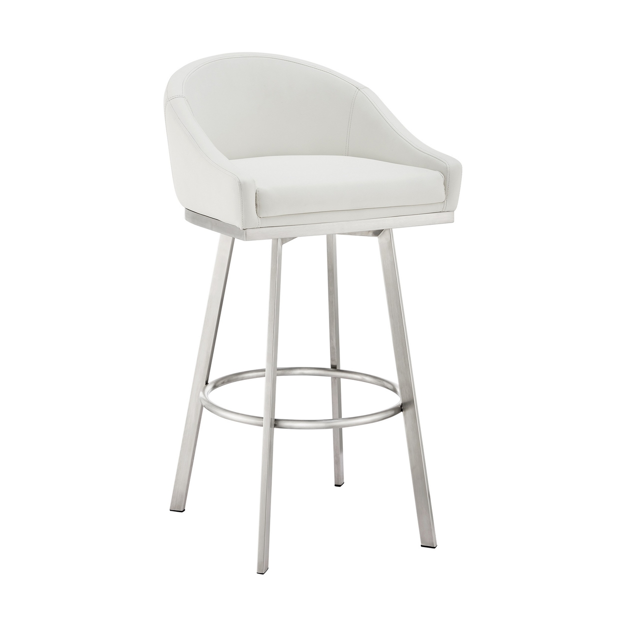 Sheryl 30 Inch Swivel Bar Stool Chair, Low Profile Back, White Faux Leather- Saltoro Sherpi