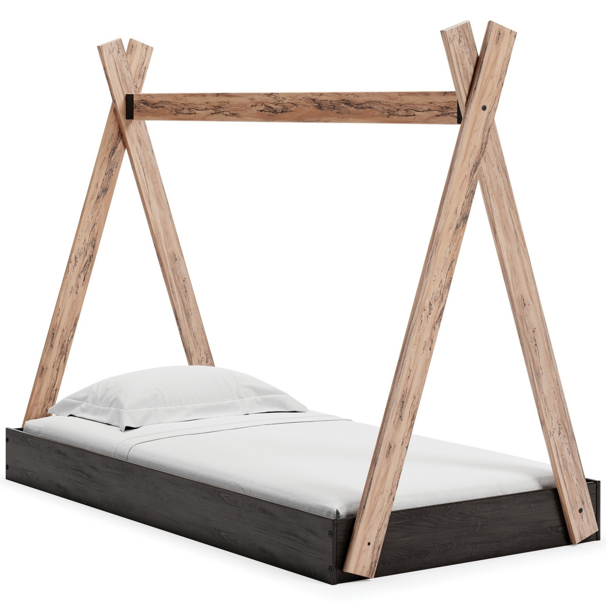 Pipa Modern Twin Size Bed, Crossed Wood A Frame Tent Stand, Jet Black Base- Saltoro Sherpi